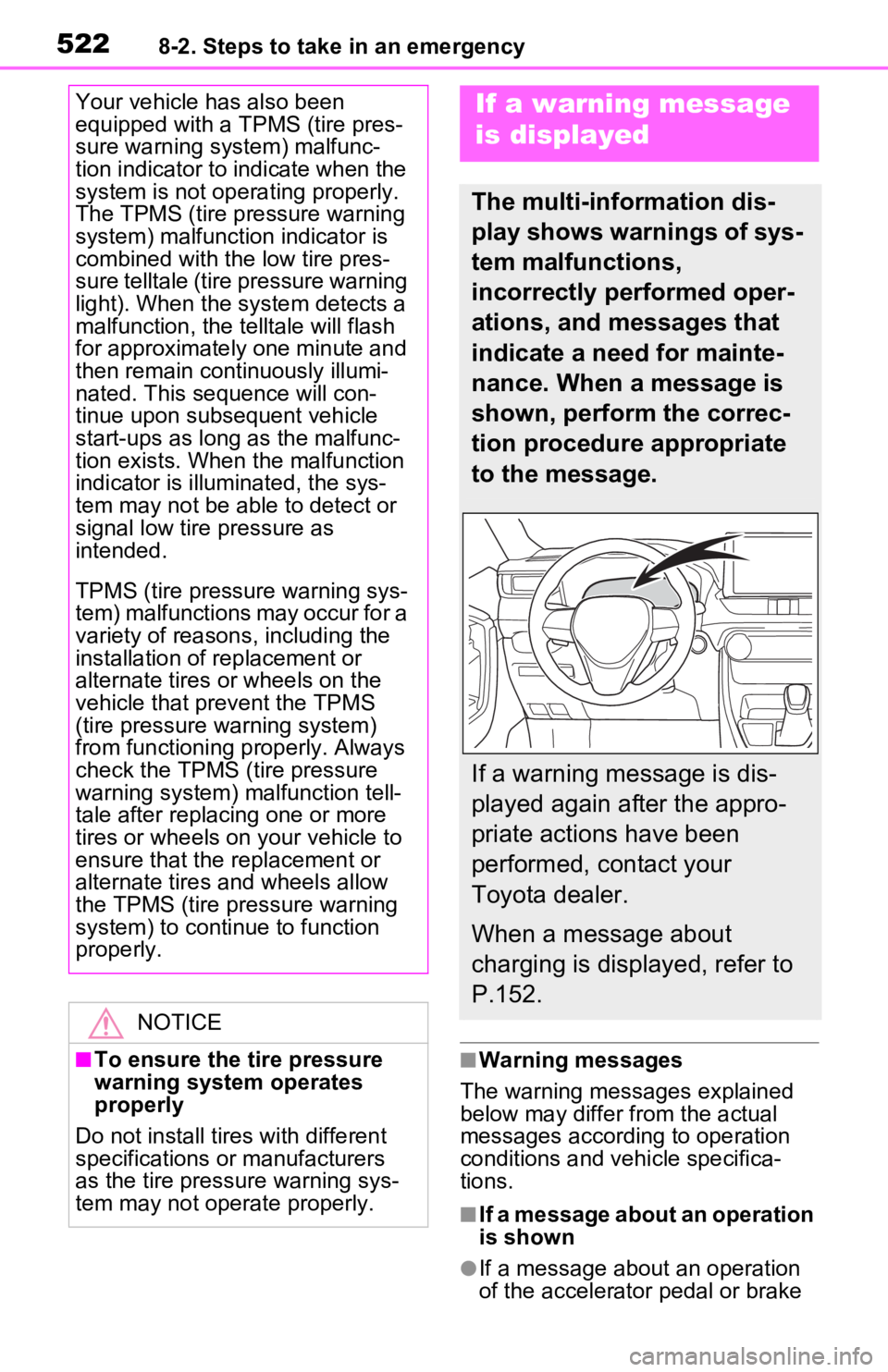 TOYOTA RAV4 PRIME 2021 Owners Manual (in English) 5228-2. Steps to take in an emergency
■Warning messages
The warning messages explained
below may differ from the actual
messages according to operation
conditions and vehicle specifica-
tions.
TOYOTA RAV4 PRIME 2021 Owners Manual (in English) 5228-2. Steps to take in an emergency
■Warning messages
The warning messages explained
below may differ from the actual
messages according to operation
conditions and vehicle specifica-
tions.