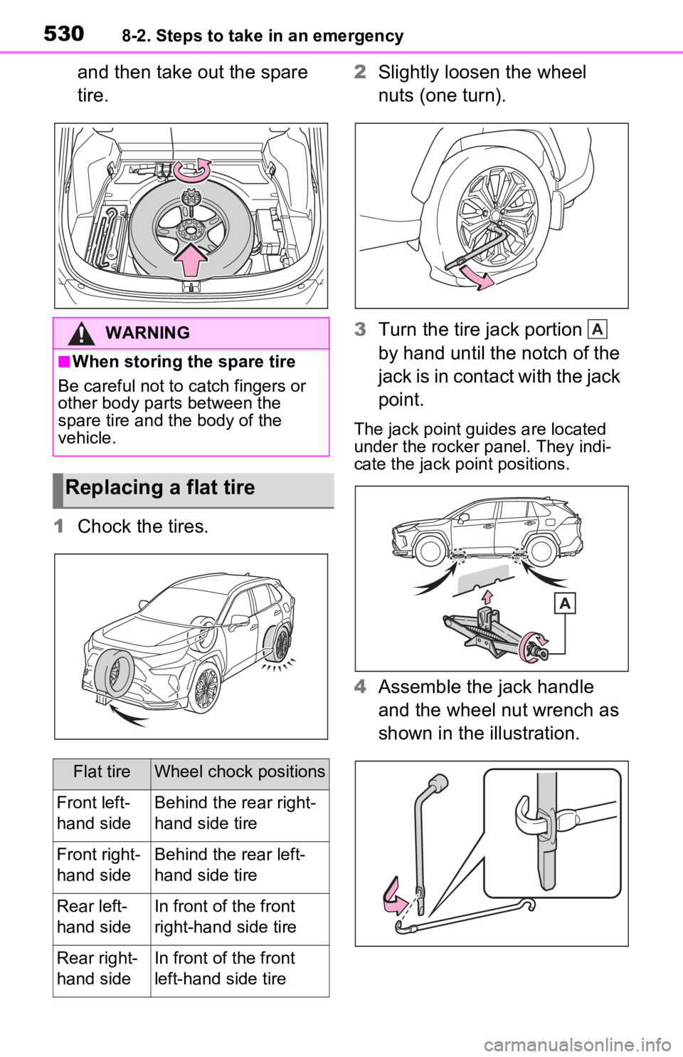 TOYOTA RAV4 PRIME 2021  Owners Manual (in English) 5308-2. Steps to take in an emergency
and then take out the spare 
tire.
1 Chock the tires. 2
Slightly loosen the wheel 
nuts (one turn).
3 Turn the tire jack portion   
by hand until the notch of the