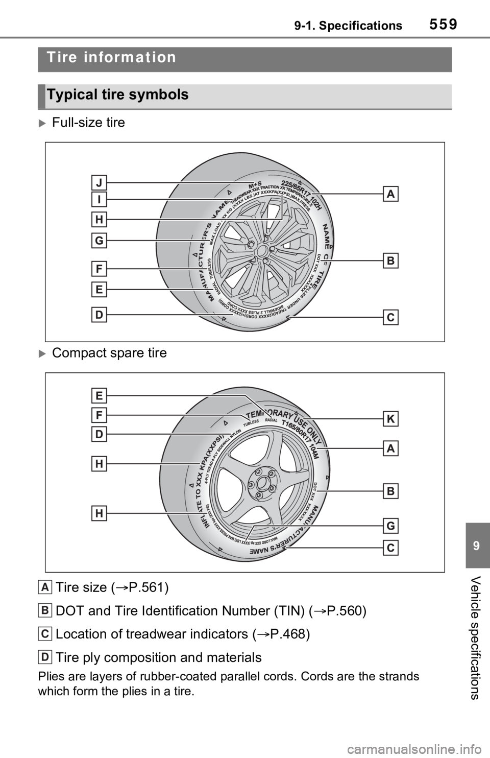 TOYOTA RAV4 PRIME 2021 Owners Manual (in English) 5599-1. Specifications
9
Vehicle specifications
Full-size tire
Compact spare tireTire size ( P.561)
DOT and Tire Identification Number (TIN) ( P.560)
Location of treadwear indicators ( TOYOTA RAV4 PRIME 2021 Owners Manual (in English) 5599-1. Specifications
9
Vehicle specifications
Full-size tire
Compact spare tireTire size ( P.561)
DOT and Tire Identification Number (TIN) ( P.560)
Location of treadwear indicators ( 