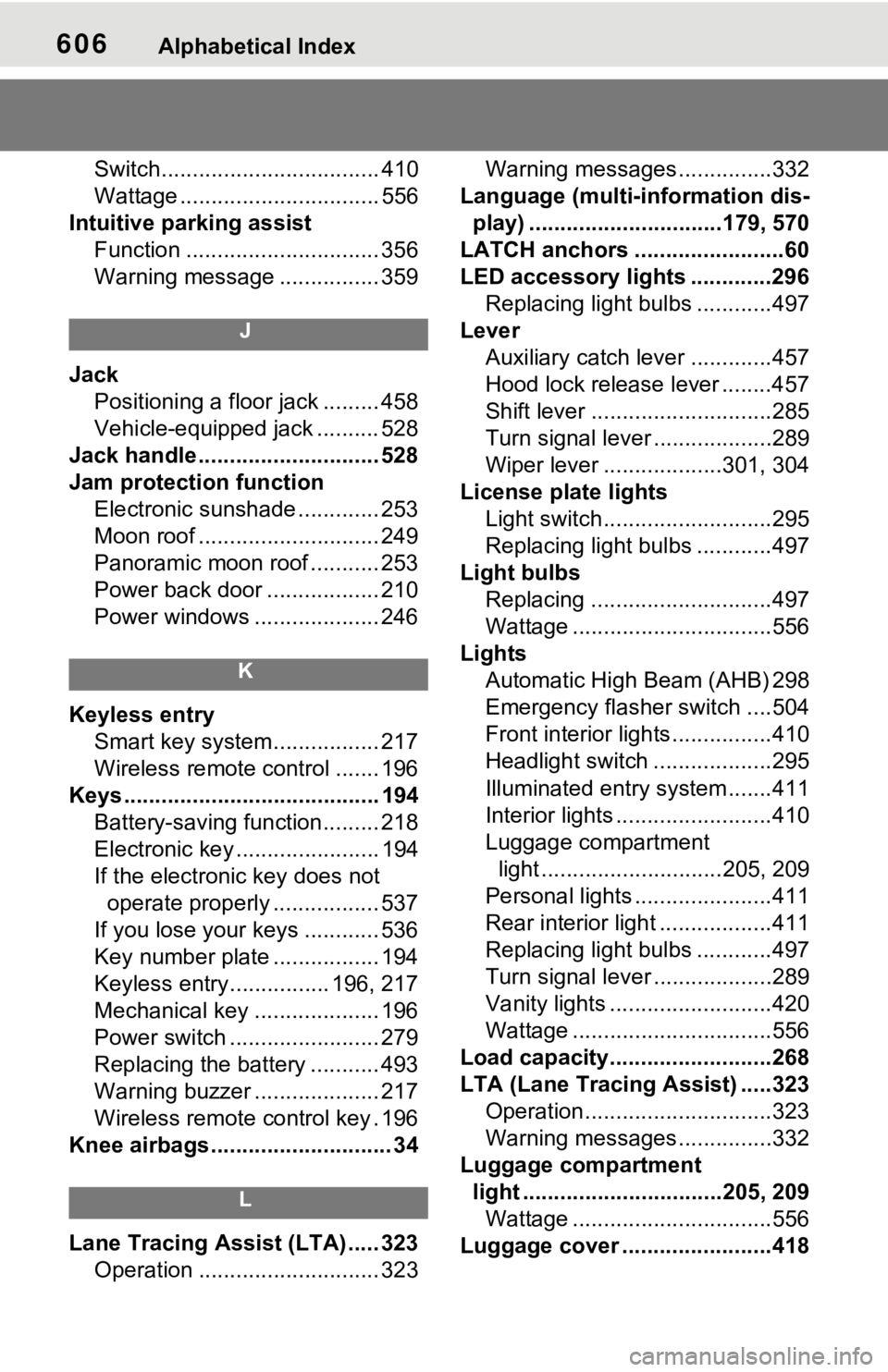 TOYOTA RAV4 PRIME 2021  Owners Manual (in English) 606Alphabetical Index
Switch................................... 410
Wattage ................................ 556
Intuitive parking assist Function ............................... 356
Warning message .