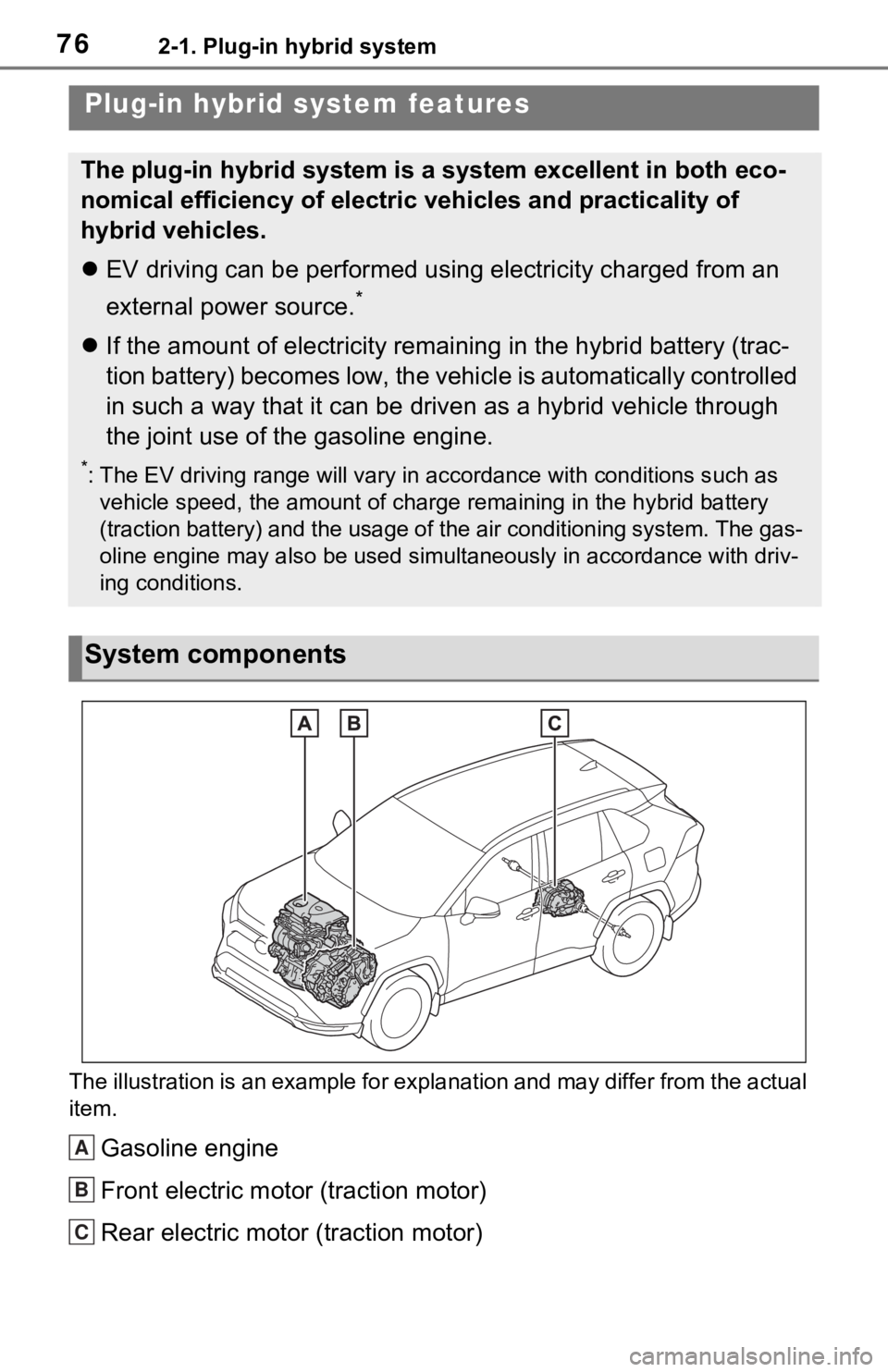 TOYOTA RAV4 PRIME 2021 (in English) Manual PDF 762-1. Plug-in hybrid system
2-1.Plug-in hybrid system
The illustration is an example for explanation and may differ from the actual
item.
Gasoline engine
Front electric motor (traction motor)
Rear e TOYOTA RAV4 PRIME 2021 (in English) Manual PDF 762-1. Plug-in hybrid system
2-1.Plug-in hybrid system
The illustration is an example for explanation and may differ from the actual
item.
Gasoline engine
Front electric motor (traction motor)
Rear e