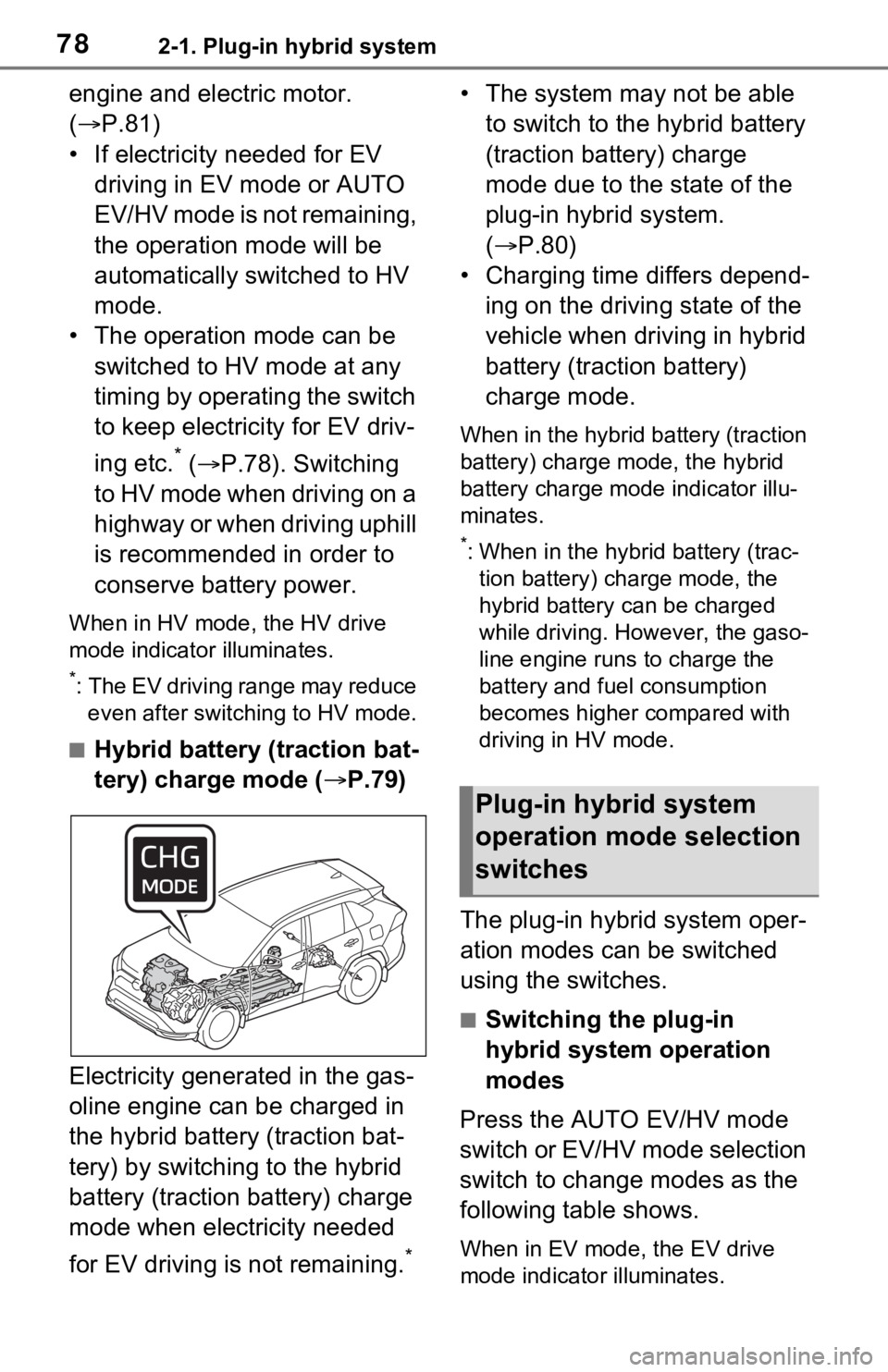 TOYOTA RAV4 PRIME 2021 (in English) Manual PDF 782-1. Plug-in hybrid system
engine and electric motor.
(P.81)
• If electricity needed for EV driving in EV mode or AUTO
EV/HV mode is not remaining,
the operation mode will be
automatically TOYOTA RAV4 PRIME 2021 (in English) Manual PDF 782-1. Plug-in hybrid system
engine and electric motor.
(P.81)
• If electricity needed for EV driving in EV mode or AUTO
EV/HV mode is not remaining,
the operation mode will be
automatically