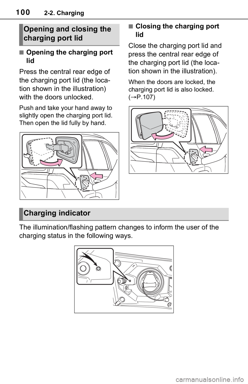 TOYOTA RAV4 PRIME 2021 Owners Manual (in English) 1002-2. Charging
■Opening the charging port
lid
Press the central rear edge of
the charging port lid (the loca-
tion shown in the illustration)
with the doors unlocked.
Push and take your hand aw TOYOTA RAV4 PRIME 2021 Owners Manual (in English) 1002-2. Charging
■Opening the charging port
lid
Press the central rear edge of
the charging port lid (the loca-
tion shown in the illustration)
with the doors unlocked.
Push and take your hand aw