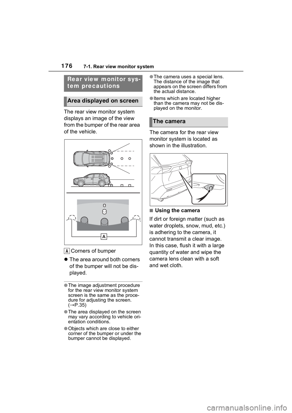 TOYOTA RAV4 PRIME 2021  Accessories, Audio & Navigation (in English) 1767-1. Rear view monitor system
The rear view monitor system 
displays an image of the view 
from the bumper of the rear area 
of the vehicle.Corners of bumper
 The area around both corners 
of th