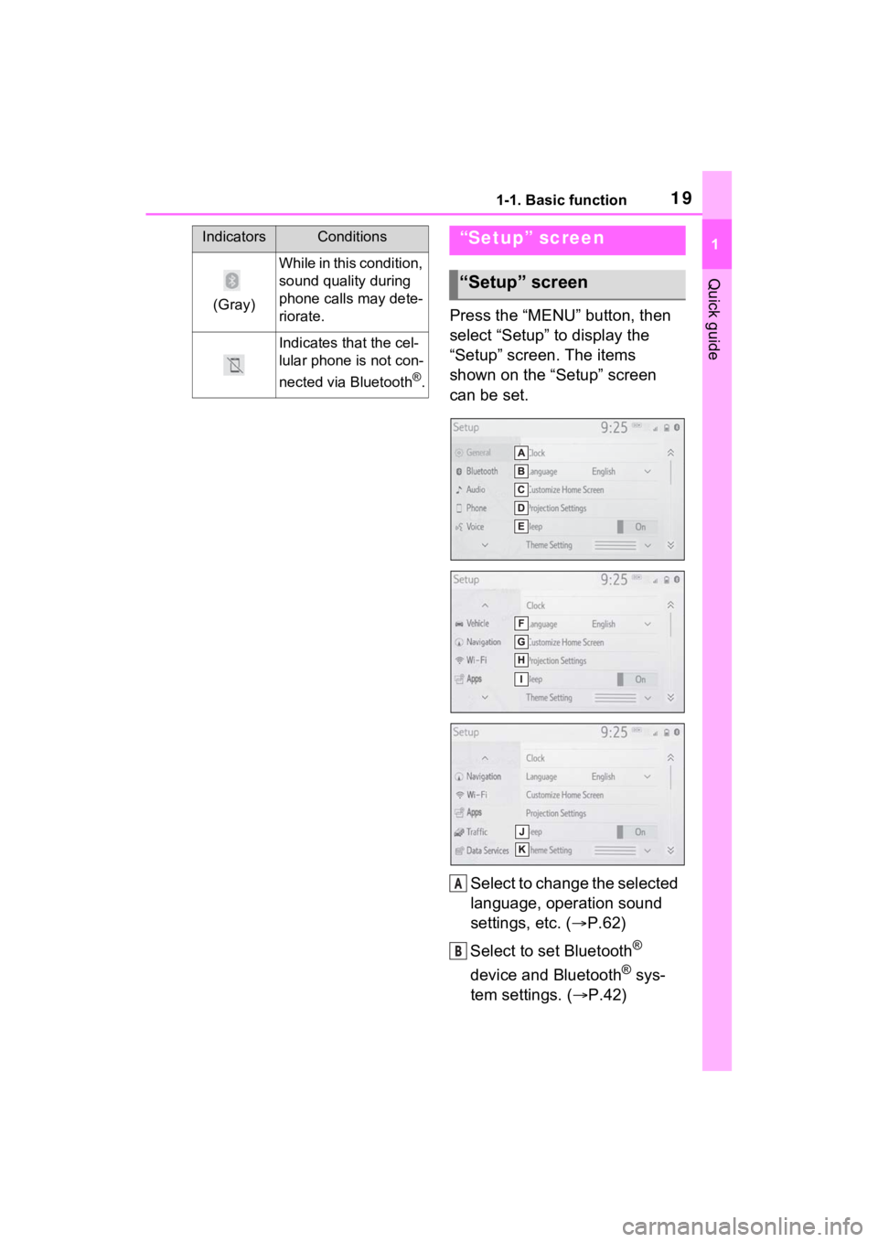 TOYOTA RAV4 PRIME 2021 Accessories, Audio & Navigation (in English) 191-1. Basic function
1
Quick guide
Press the “MENU” button, then
select “Setup” to display the
“Setup” screen. The items
shown on the “Setup” screen
can be set.Select to change th TOYOTA RAV4 PRIME 2021 Accessories, Audio & Navigation (in English) 191-1. Basic function
1
Quick guide
Press the “MENU” button, then
select “Setup” to display the
“Setup” screen. The items
shown on the “Setup” screen
can be set.Select to change th