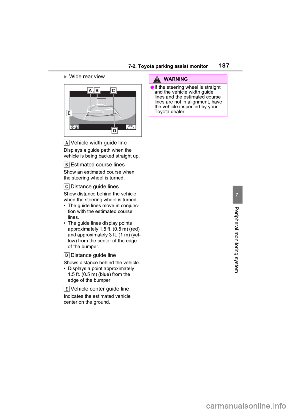 TOYOTA RAV4 PRIME 2021  Accessories, Audio & Navigation (in English) 1877-2. Toyota parking assist monitor
7
Peripheral monitoring system
Wide rear viewVehicle width guide line
Displays a guide  path when the 
vehicle is being b acked straight up.
Estimated course l