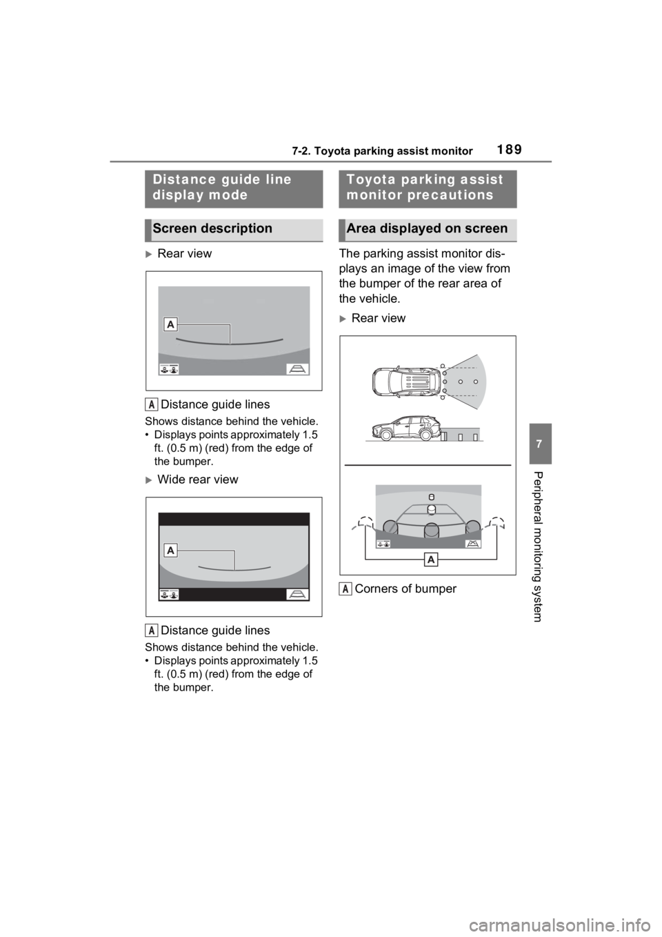 TOYOTA RAV4 PRIME 2021 Accessories, Audio & Navigation (in English) 1897-2. Toyota parking assist monitor
7
Peripheral monitoring system
Rear viewDistance guide lines
Shows distance behind the vehicle.
• Displays points approximately 1.5 ft. (0.5 m) (red) f rom TOYOTA RAV4 PRIME 2021 Accessories, Audio & Navigation (in English) 1897-2. Toyota parking assist monitor
7
Peripheral monitoring system
Rear viewDistance guide lines
Shows distance behind the vehicle.
• Displays points approximately 1.5 ft. (0.5 m) (red) f rom