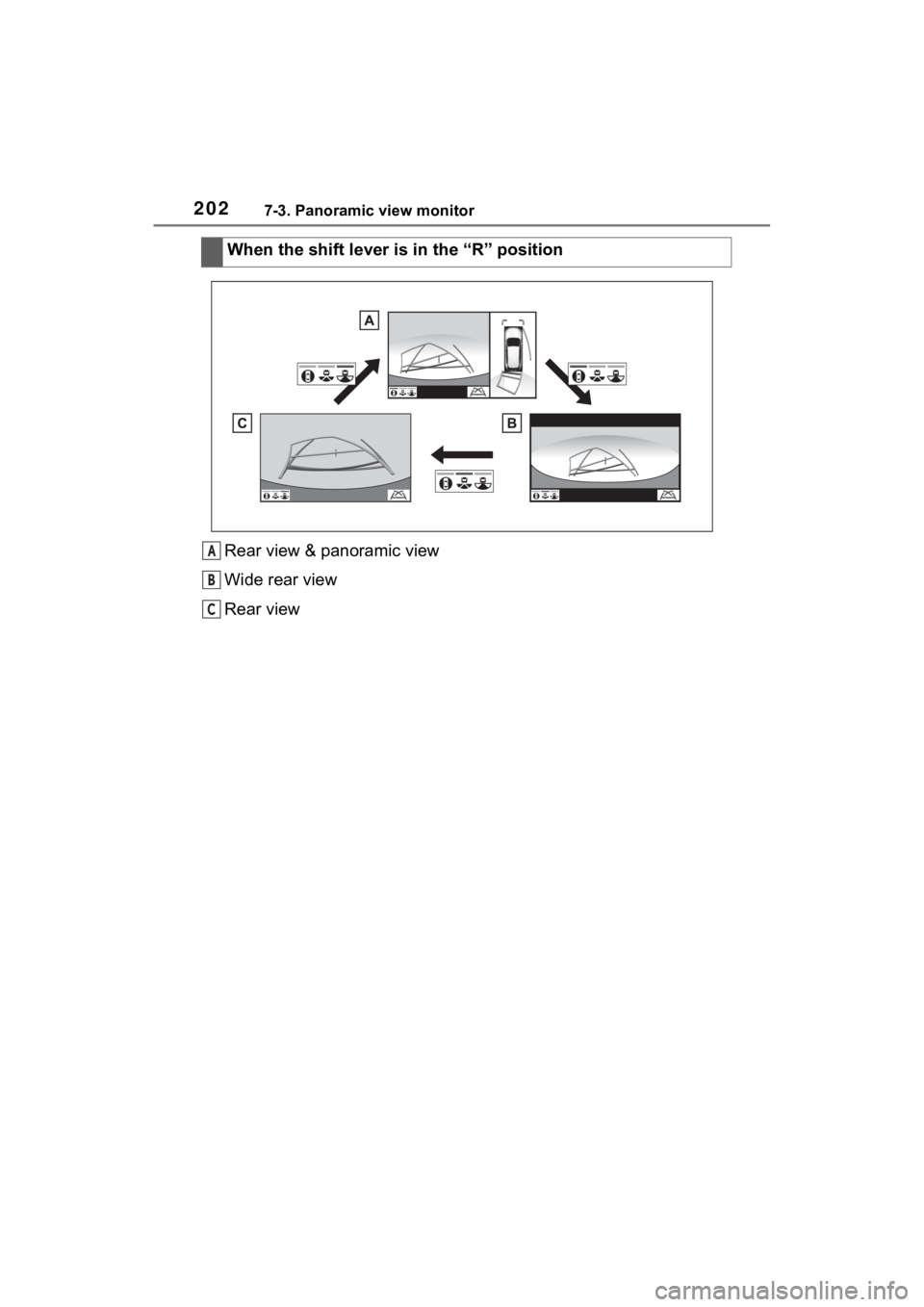 TOYOTA RAV4 PRIME 2021 Accessories, Audio & Navigation (in English) 2027-3. Panoramic view monitor
Rear view & panoramic view
Wide rear view
Rear viewWhen the shift lever is in the “R” positionA
B
C TOYOTA RAV4 PRIME 2021 Accessories, Audio & Navigation (in English) 2027-3. Panoramic view monitor
Rear view & panoramic view
Wide rear view
Rear viewWhen the shift lever is in the “R” positionA
B
C