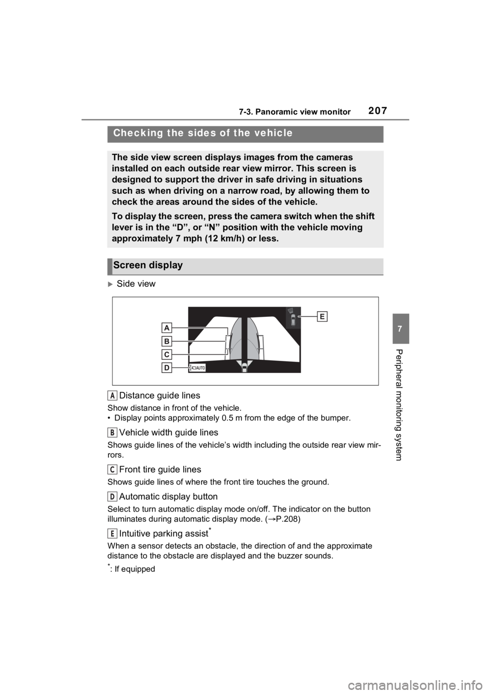 TOYOTA RAV4 PRIME 2021 Accessories, Audio & Navigation (in English) 2077-3. Panoramic view monitor
7
Peripheral monitoring system
Side viewDistance guide lines
Show distance in front of the vehicle.
• Display points approximately 0.5 m from the edge of the bumper TOYOTA RAV4 PRIME 2021 Accessories, Audio & Navigation (in English) 2077-3. Panoramic view monitor
7
Peripheral monitoring system
Side viewDistance guide lines
Show distance in front of the vehicle.
• Display points approximately 0.5 m from the edge of the bumper