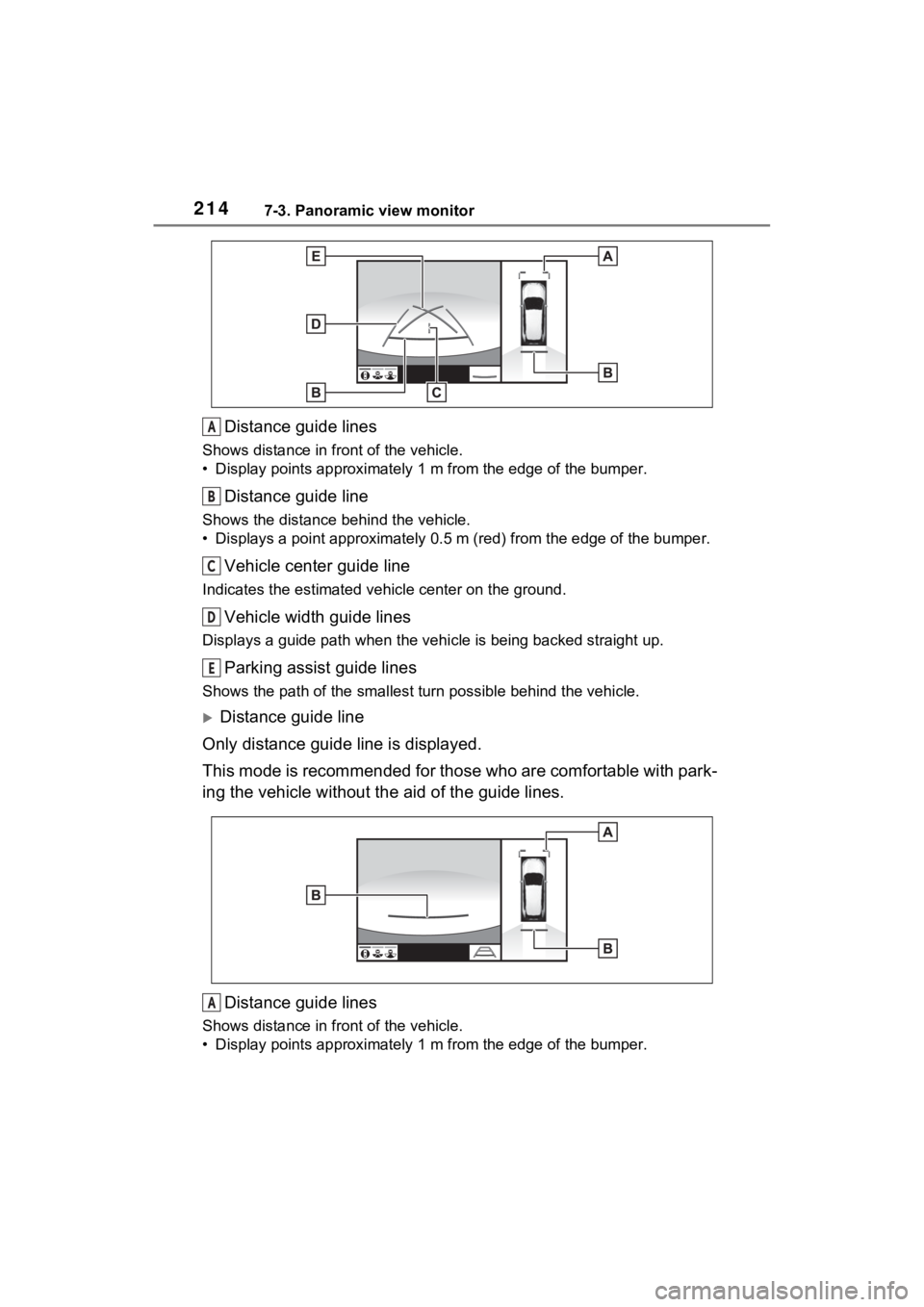TOYOTA RAV4 PRIME 2021 Accessories, Audio & Navigation (in English) 2147-3. Panoramic view monitor
Distance guide lines
Shows distance in front of the vehicle.
• Display points approximately 1 m from the edge of the bumper.
Distance guide line
Shows the distance beh TOYOTA RAV4 PRIME 2021 Accessories, Audio & Navigation (in English) 2147-3. Panoramic view monitor
Distance guide lines
Shows distance in front of the vehicle.
• Display points approximately 1 m from the edge of the bumper.
Distance guide line
Shows the distance beh