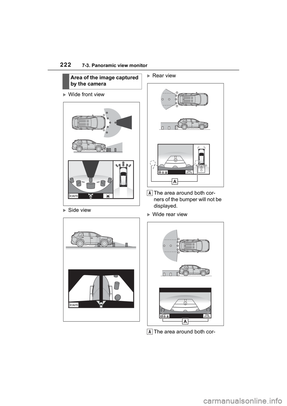 TOYOTA RAV4 PRIME 2021 Accessories, Audio & Navigation (in English) 2227-3. Panoramic view monitor
Wide front view
Side view
Rear view
The area around both cor-
ners of the bumper will not be
displayed.
Wide rear viewThe area around both cor-
Area of the TOYOTA RAV4 PRIME 2021 Accessories, Audio & Navigation (in English) 2227-3. Panoramic view monitor
Wide front view
Side view
Rear view
The area around both cor-
ners of the bumper will not be
displayed.
Wide rear viewThe area around both cor-
Area of the