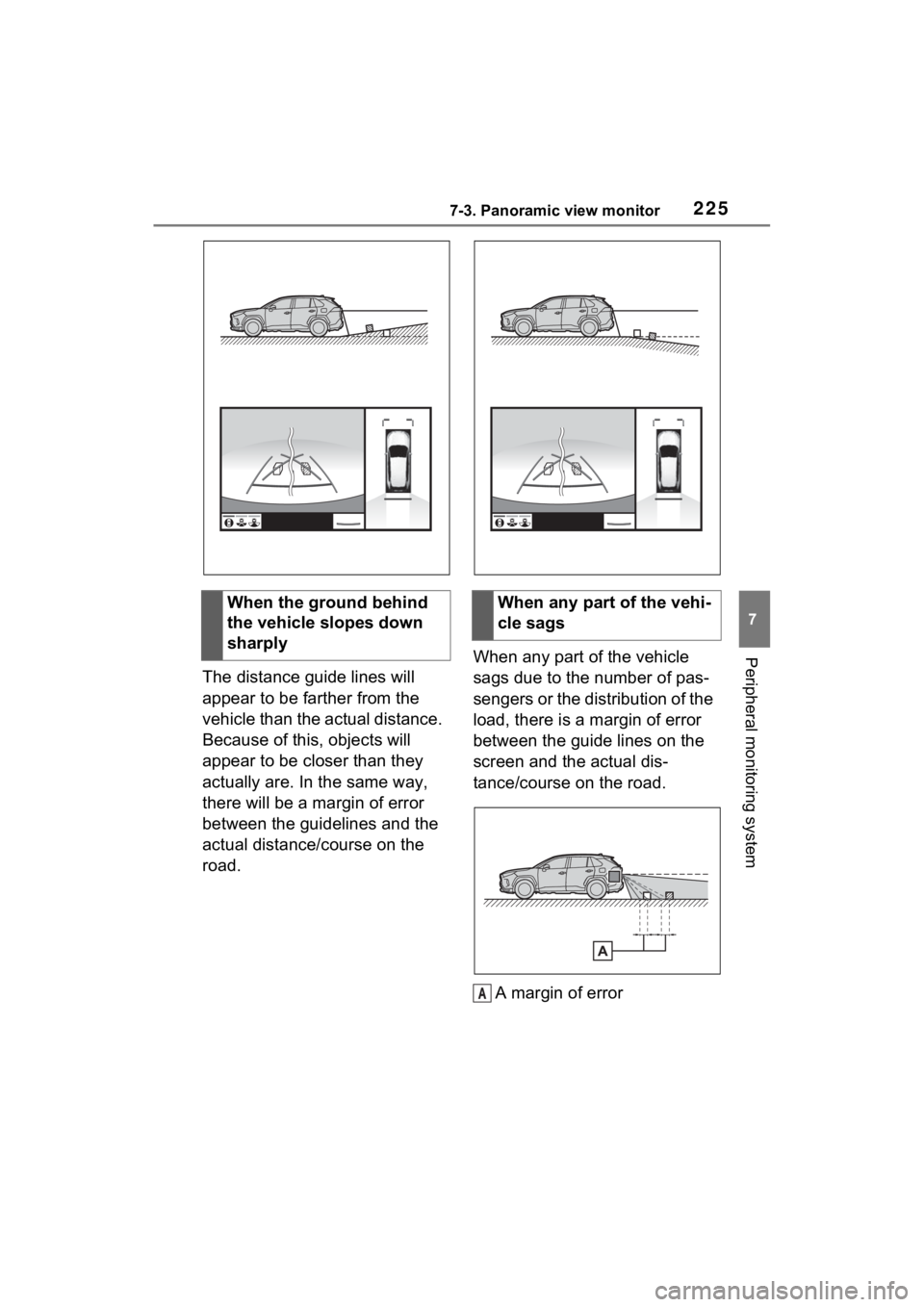 TOYOTA RAV4 PRIME 2021 Accessories, Audio & Navigation (in English) 2257-3. Panoramic view monitor
7
Peripheral monitoring system
The distance guide lines will
appear to be farther from the
vehicle than the actual distance.
Because of this, objects will
appear to TOYOTA RAV4 PRIME 2021 Accessories, Audio & Navigation (in English) 2257-3. Panoramic view monitor
7
Peripheral monitoring system
The distance guide lines will
appear to be farther from the
vehicle than the actual distance.
Because of this, objects will
appear to