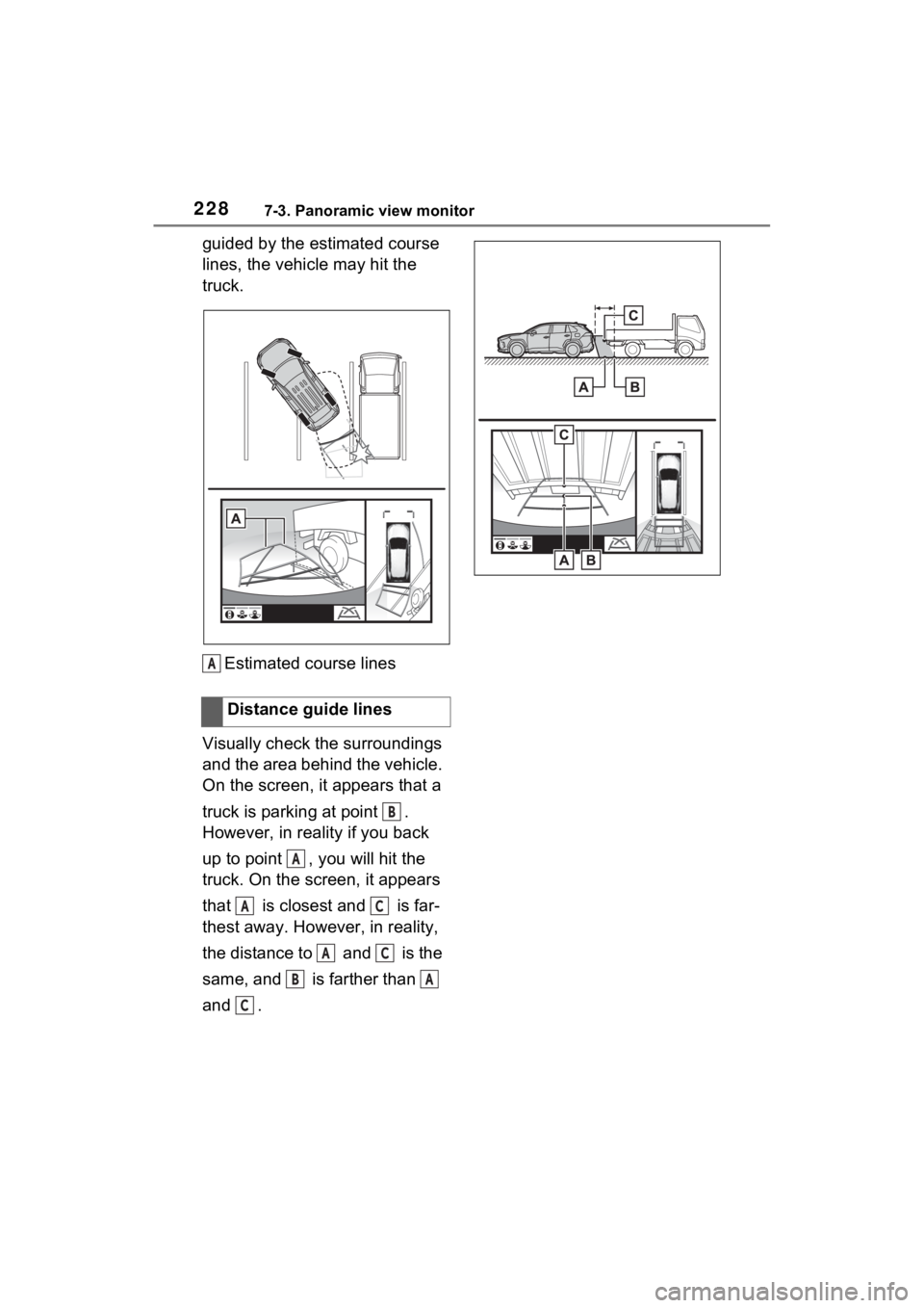 TOYOTA RAV4 PRIME 2021 Accessories, Audio & Navigation (in English) 2287-3. Panoramic view monitor
guided by the estimated course
lines, the vehicle may hit the
truck.
Estimated course lines
Visually check the surroundings
and the area behind the vehicle.
On the s TOYOTA RAV4 PRIME 2021 Accessories, Audio & Navigation (in English) 2287-3. Panoramic view monitor
guided by the estimated course
lines, the vehicle may hit the
truck.
Estimated course lines
Visually check the surroundings
and the area behind the vehicle.
On the s