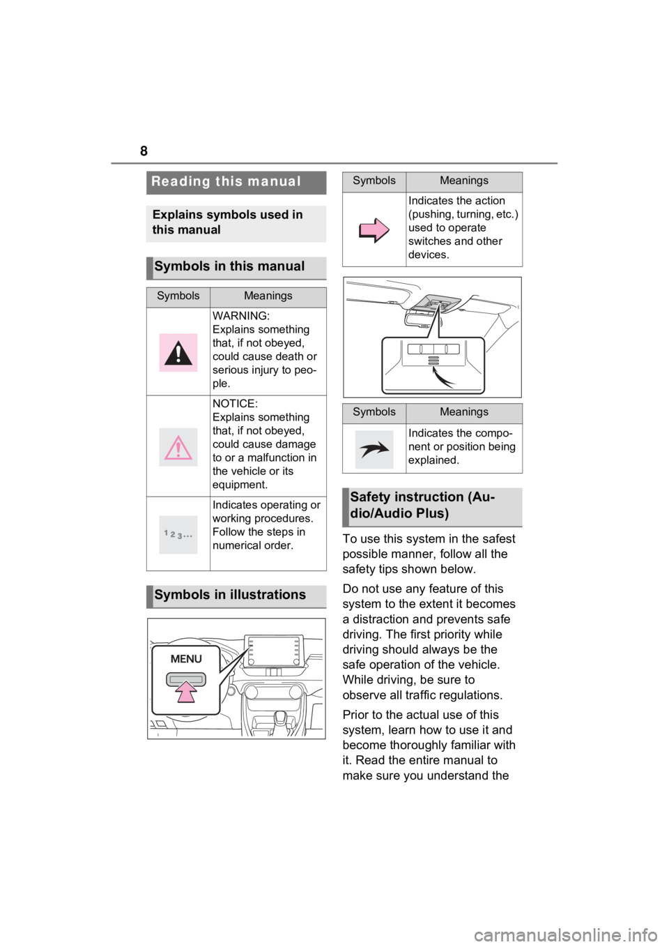 TOYOTA RAV4 PRIME 2021 Accessories, Audio & Navigation (in English) 8
To use this system in the safest
possible manner, follow all the
safety tips shown below.
Do not use any feature of this
system to the extent it becomes
a distraction and prevents safe
driving. TOYOTA RAV4 PRIME 2021 Accessories, Audio & Navigation (in English) 8
To use this system in the safest
possible manner, follow all the
safety tips shown below.
Do not use any feature of this
system to the extent it becomes
a distraction and prevents safe
driving.