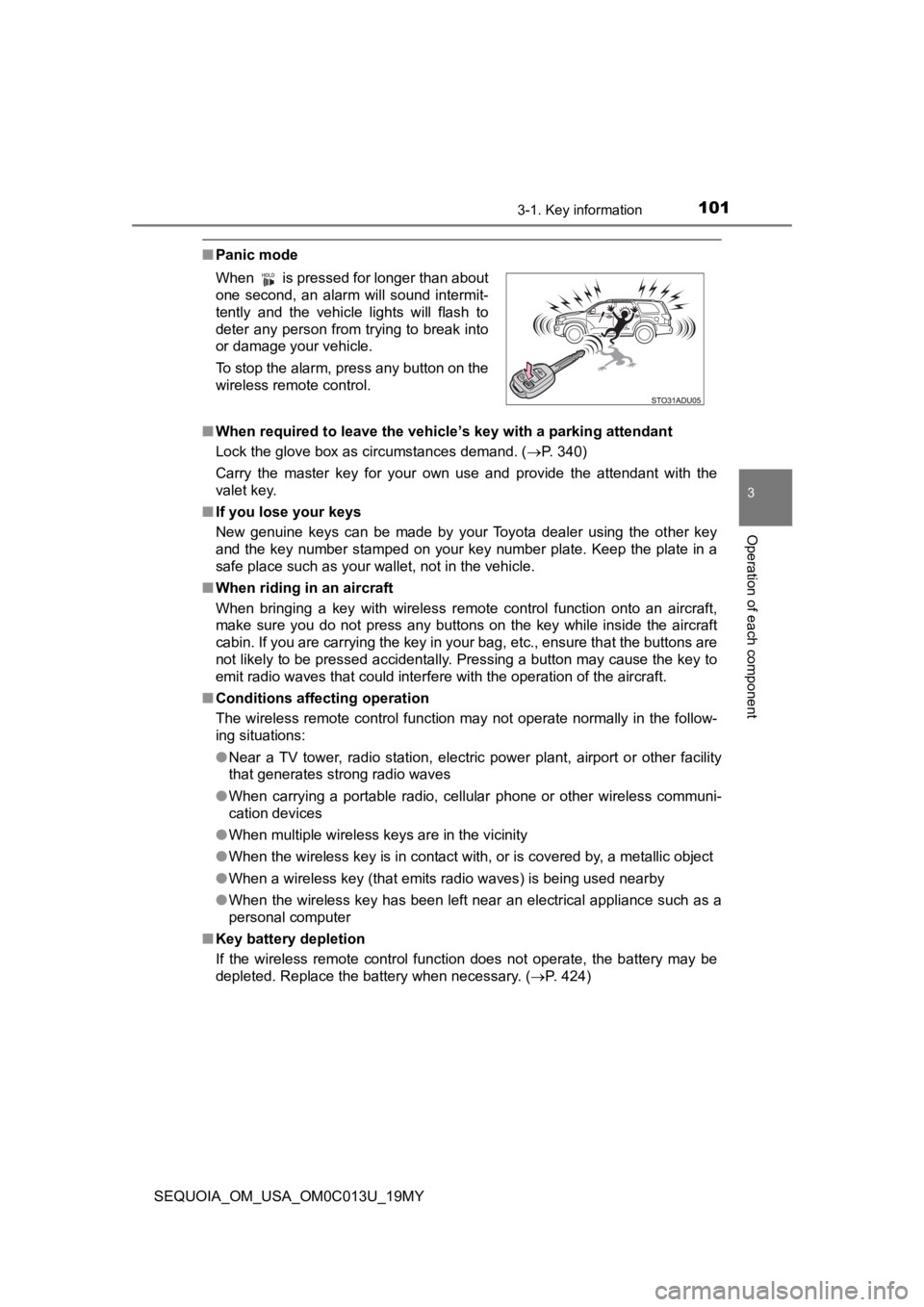 TOYOTA SEQUOIA 2019 Owners Manual (in English) 1013-1. Key information
3
Operation of each component
SEQUOIA_OM_USA_OM0C013U_19MY
■Panic mode
■ When required to leave the vehicle’s key with a parking attendant
Lock the glove box as circumsta TOYOTA SEQUOIA 2019 Owners Manual (in English) 1013-1. Key information
3
Operation of each component
SEQUOIA_OM_USA_OM0C013U_19MY
■Panic mode
■ When required to leave the vehicle’s key with a parking attendant
Lock the glove box as circumsta