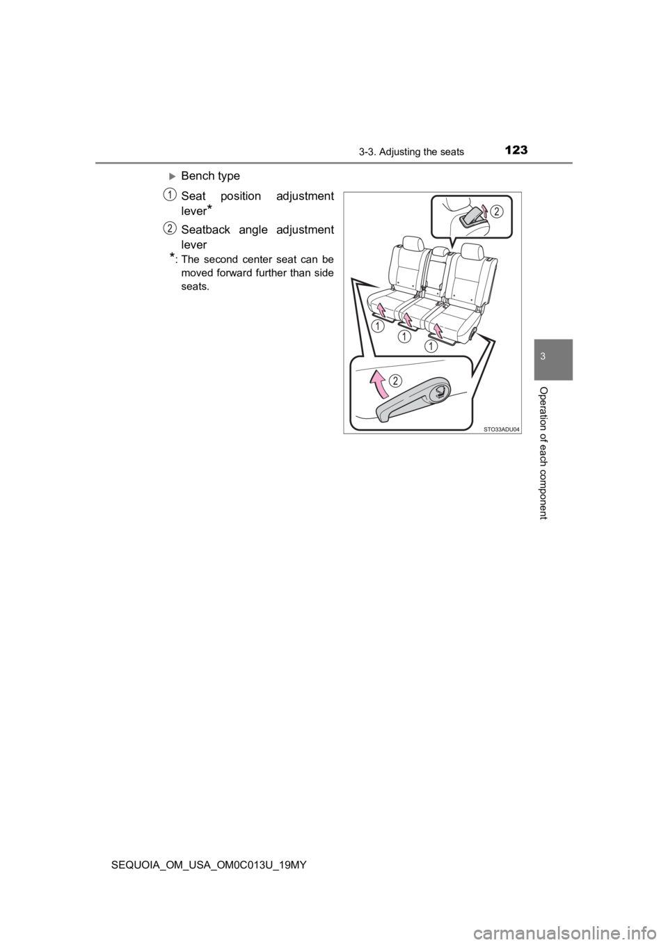 TOYOTA SEQUOIA 2019  Owners Manual (in English) 1233-3. Adjusting the seats
3
Operation of each component
SEQUOIA_OM_USA_OM0C013U_19MY
Bench type
Seat  position  adjustment
lever
*
Seatback  angle  adjustment
lever
*: The  second  center  seat  