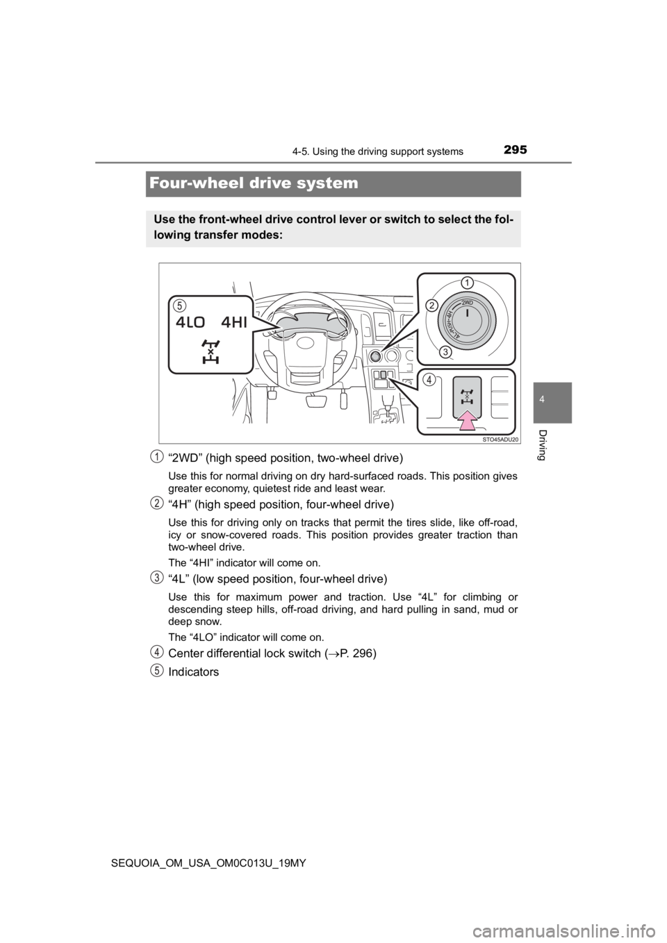TOYOTA SEQUOIA 2019 Owners Manual (in English) 2954-5. Using the driving support systems
4
Driving
SEQUOIA_OM_USA_OM0C013U_19MY
Four-wheel drive system
“2WD” (high speed position, two-wheel drive)
Use this for normal driving on dry hard-surfac TOYOTA SEQUOIA 2019 Owners Manual (in English) 2954-5. Using the driving support systems
4
Driving
SEQUOIA_OM_USA_OM0C013U_19MY
Four-wheel drive system
“2WD” (high speed position, two-wheel drive)
Use this for normal driving on dry hard-surfac