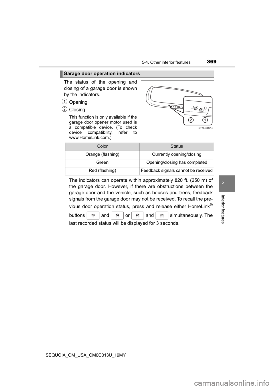 TOYOTA SEQUOIA 2019 Owners Manual (in English) 3695-4. Other interior features
5
Interior features
SEQUOIA_OM_USA_OM0C013U_19MY
The status of the opening and
closing of a garage door is shown
by the indicators.
Opening
Closing
This function i TOYOTA SEQUOIA 2019 Owners Manual (in English) 3695-4. Other interior features
5
Interior features
SEQUOIA_OM_USA_OM0C013U_19MY
The status of the opening and
closing of a garage door is shown
by the indicators.
Opening
Closing
This function i