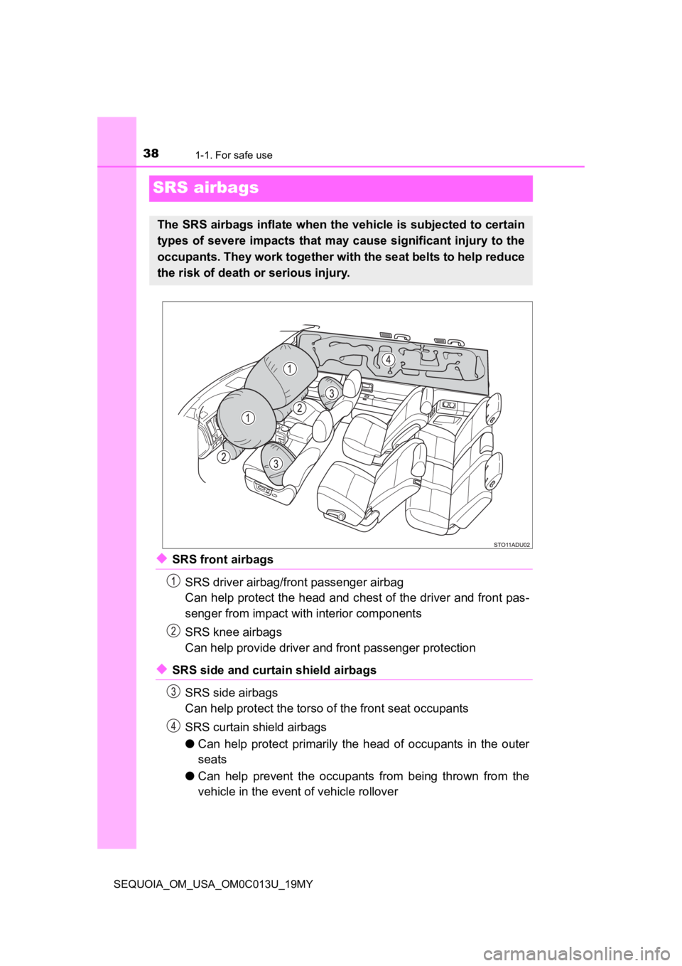 TOYOTA SEQUOIA 2019 (in English) Owners Guide 381-1. For safe use
SEQUOIA_OM_USA_OM0C013U_19MY
SRS airbags
◆SRS front airbagsSRS driver airbag/front passenger airbag
Can help protect the head and c hest of the driver and front pas-
senger from TOYOTA SEQUOIA 2019 (in English) Owners Guide 381-1. For safe use
SEQUOIA_OM_USA_OM0C013U_19MY
SRS airbags
◆SRS front airbagsSRS driver airbag/front passenger airbag
Can help protect the head and c hest of the driver and front pas-
senger from