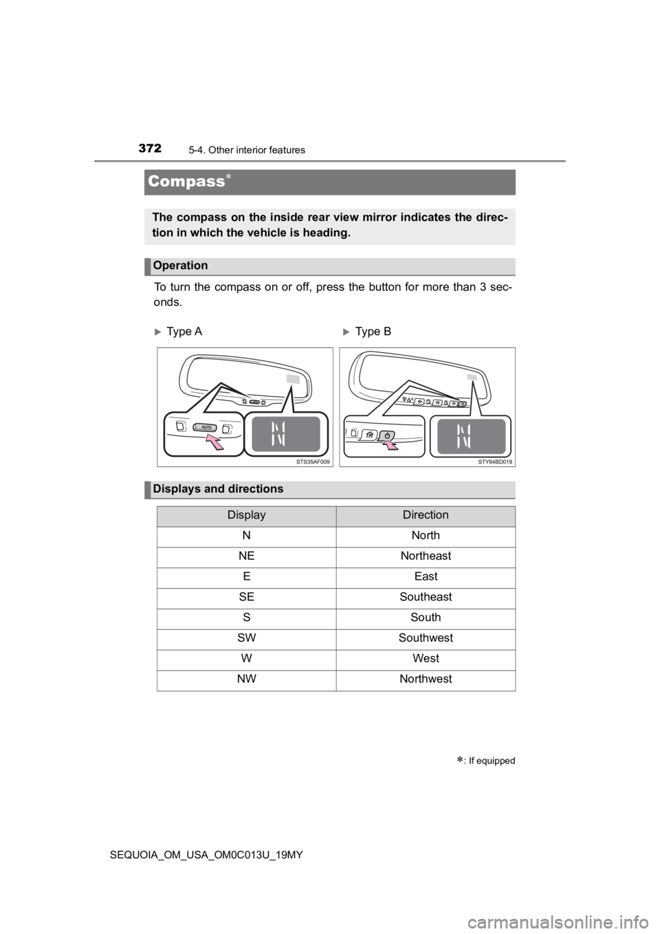 TOYOTA SEQUOIA 2019 Owners Manual (in English) 3725-4. Other interior features
SEQUOIA_OM_USA_OM0C013U_19MY
Compass
To turn the compass on or off, press the button for more than 3 sec-
onds.
: If equipped
The compass on the i TOYOTA SEQUOIA 2019 Owners Manual (in English) 3725-4. Other interior features
SEQUOIA_OM_USA_OM0C013U_19MY
Compass
To turn the compass on or off, press the button for more than 3 sec-
onds.
: If equipped
The compass on the i