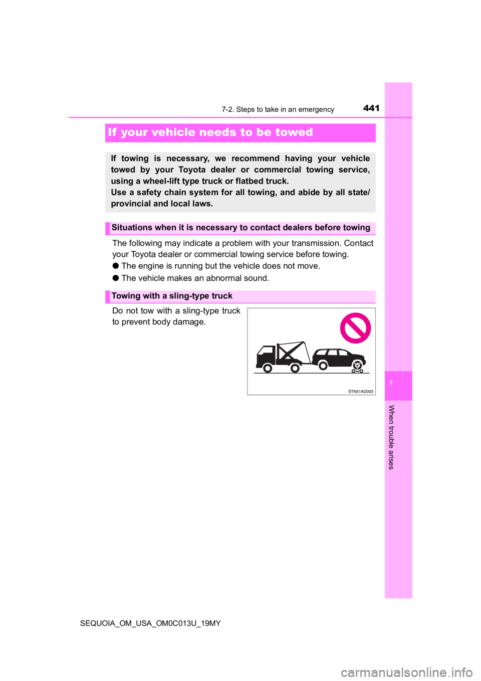 TOYOTA SEQUOIA 2019 Owners Manual (in English) 4417-2. Steps to take in an emergency
SEQUOIA_OM_USA_OM0C013U_19MY
7
When trouble arises
If your vehicle needs to be towed
The following may indicate a problem with your transmission. Contact
your To TOYOTA SEQUOIA 2019 Owners Manual (in English) 4417-2. Steps to take in an emergency
SEQUOIA_OM_USA_OM0C013U_19MY
7
When trouble arises
If your vehicle needs to be towed
The following may indicate a problem with your transmission. Contact
your To