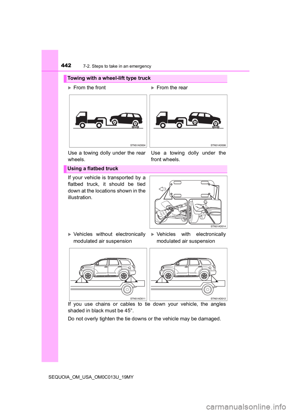 TOYOTA SEQUOIA 2019 Owners Manual (in English) 4427-2. Steps to take in an emergency
SEQUOIA_OM_USA_OM0C013U_19MY
If your vehicle is transported by a
flatbed truck, it should be tied
down at the locations shown in the
illustration.
If TOYOTA SEQUOIA 2019 Owners Manual (in English) 4427-2. Steps to take in an emergency
SEQUOIA_OM_USA_OM0C013U_19MY
If your vehicle is transported by a
flatbed truck, it should be tied
down at the locations shown in the
illustration.
If