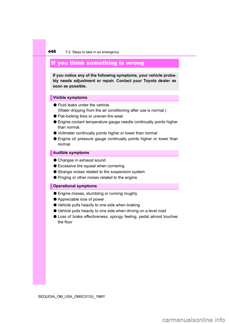 TOYOTA SEQUOIA 2019  Owners Manual (in English) 4467-2. Steps to take in an emergency
SEQUOIA_OM_USA_OM0C013U_19MY
If  you think something is wrong
●Fluid leaks un der the vehicle.
(Water dripping from the air conditioning a fter use is normal.)
