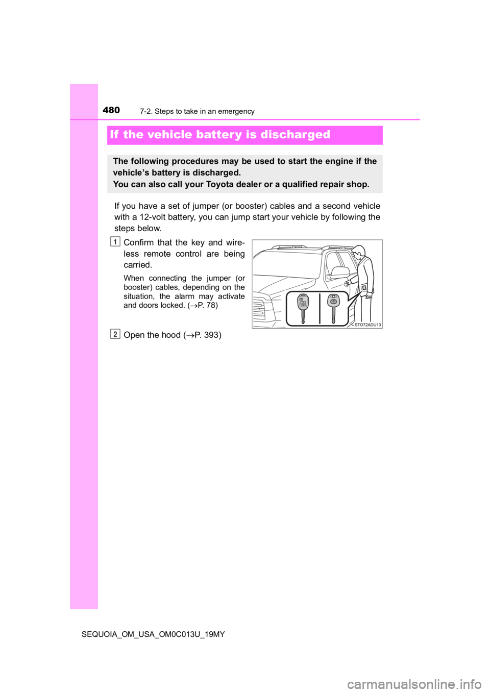 TOYOTA SEQUOIA 2019 Owners Manual (in English) 4807-2. Steps to take in an emergency
SEQUOIA_OM_USA_OM0C013U_19MY
If the vehicle batter y is discharged
If you have a set of jumper (or booster) cables and a second ve hicle
with a 12-v TOYOTA SEQUOIA 2019 Owners Manual (in English) 4807-2. Steps to take in an emergency
SEQUOIA_OM_USA_OM0C013U_19MY
If the vehicle batter y is discharged
If you have a set of jumper (or booster) cables and a second ve hicle
with a 12-v