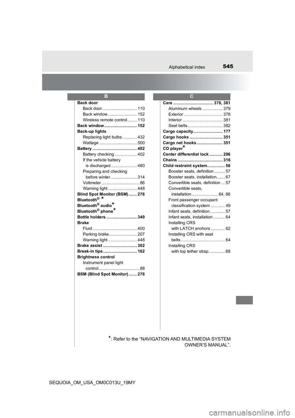 TOYOTA SEQUOIA 2019 Owners Manual (in English) 545Alphabetical index
SEQUOIA_OM_USA_OM0C013U_19MY
Back doorBack door.............................. 110
Back window ......................... 152
Wireless remote control ........ 110
Back window ..... TOYOTA SEQUOIA 2019 Owners Manual (in English) 545Alphabetical index
SEQUOIA_OM_USA_OM0C013U_19MY
Back doorBack door.............................. 110
Back window ......................... 152
Wireless remote control ........ 110
Back window .....