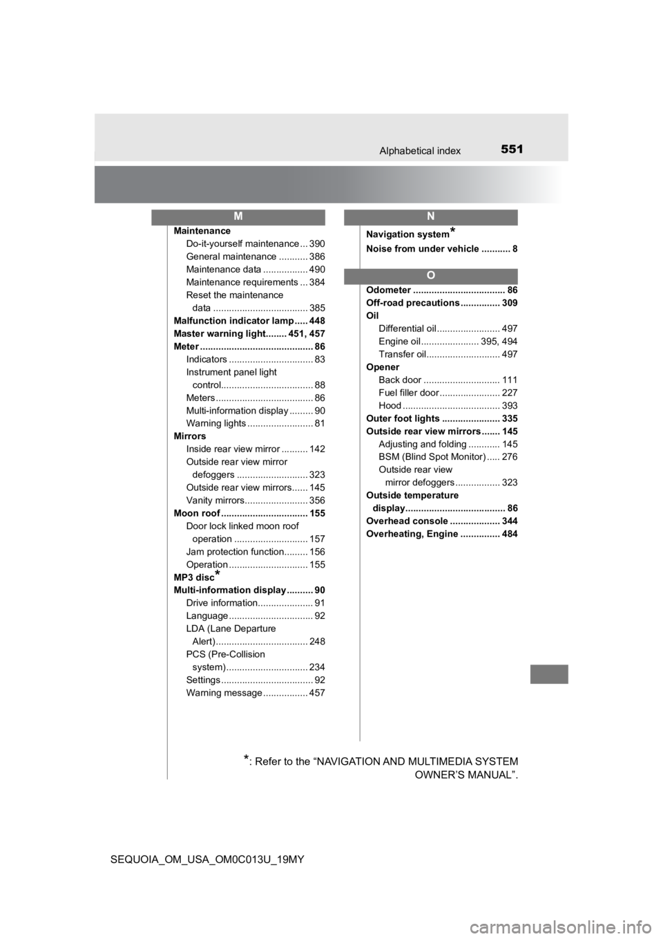 TOYOTA SEQUOIA 2019 Owners Manual (in English) 551Alphabetical index
SEQUOIA_OM_USA_OM0C013U_19MY
MaintenanceDo-it-yourself maintenance ... 390
General maintenance ........... 386
Maintenance data ................. 490
Maintenance requirements ... TOYOTA SEQUOIA 2019 Owners Manual (in English) 551Alphabetical index
SEQUOIA_OM_USA_OM0C013U_19MY
MaintenanceDo-it-yourself maintenance ... 390
General maintenance ........... 386
Maintenance data ................. 490
Maintenance requirements ...