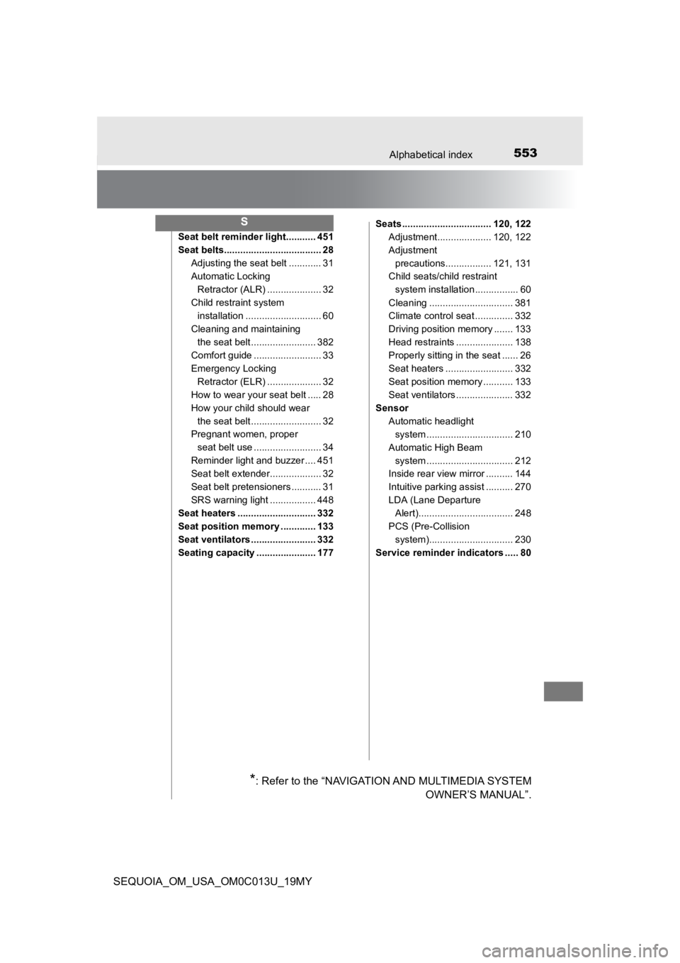 TOYOTA SEQUOIA 2019 Owners Manual (in English) 553Alphabetical index
SEQUOIA_OM_USA_OM0C013U_19MY
Seat belt reminder light........... 451
Seat belts.................................... 28Adjusting the seat belt ............ 31
Automatic Locking Re TOYOTA SEQUOIA 2019 Owners Manual (in English) 553Alphabetical index
SEQUOIA_OM_USA_OM0C013U_19MY
Seat belt reminder light........... 451
Seat belts.................................... 28Adjusting the seat belt ............ 31
Automatic Locking Re
