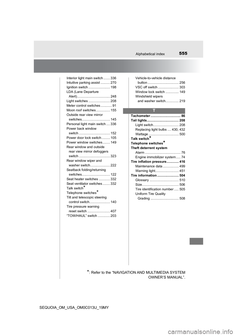 TOYOTA SEQUOIA 2019 Owners Manual (in English) 555Alphabetical index
SEQUOIA_OM_USA_OM0C013U_19MY
Interior light main switch ....... 336
Intuitive parking assist .......... 270
Ignition switch ....................... 198
LDA (Lane Departure Alert) TOYOTA SEQUOIA 2019 Owners Manual (in English) 555Alphabetical index
SEQUOIA_OM_USA_OM0C013U_19MY
Interior light main switch ....... 336
Intuitive parking assist .......... 270
Ignition switch ....................... 198
LDA (Lane Departure Alert)