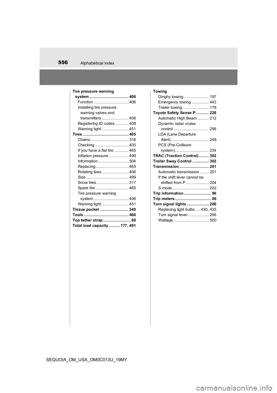 TOYOTA SEQUOIA 2019 Owners Manual (in English) 556Alphabetical index
SEQUOIA_OM_USA_OM0C013U_19MY
Tire pressure warning system .................................... 406
Function ................................ 406
Installing tire pressure warning TOYOTA SEQUOIA 2019 Owners Manual (in English) 556Alphabetical index
SEQUOIA_OM_USA_OM0C013U_19MY
Tire pressure warning system .................................... 406
Function ................................ 406
Installing tire pressure warning