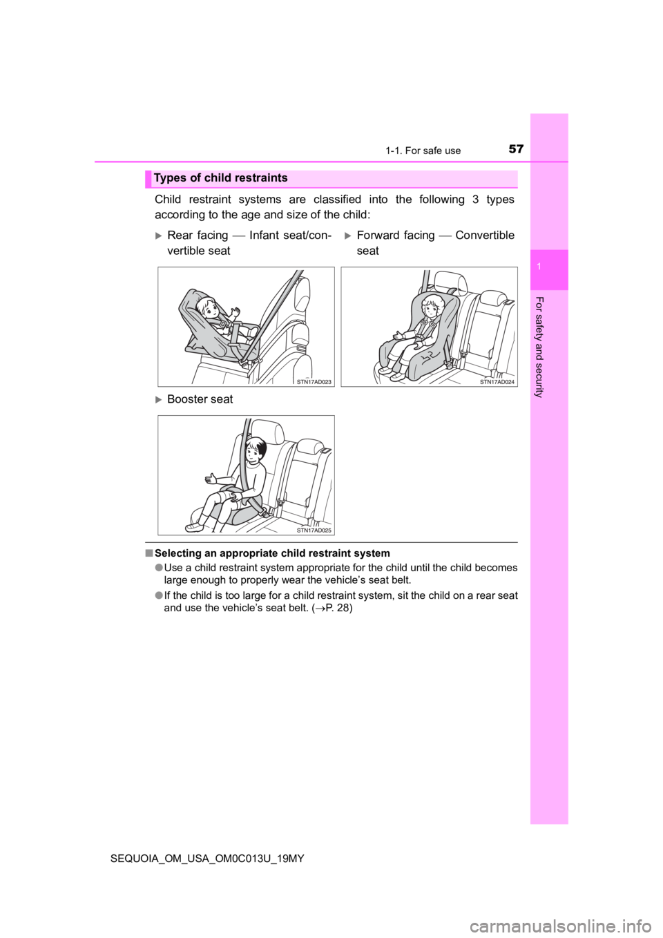 TOYOTA SEQUOIA 2019 (in English) Workshop Manual 571-1. For safe use
1
For safety and security
SEQUOIA_OM_USA_OM0C013U_19MY
Child restraint systems are classified into the following 3 types
according to the age a nd size of the child:
■Se TOYOTA SEQUOIA 2019 (in English) Workshop Manual 571-1. For safe use
1
For safety and security
SEQUOIA_OM_USA_OM0C013U_19MY
Child restraint systems are classified into the following 3 types
according to the age a nd size of the child:
■Se