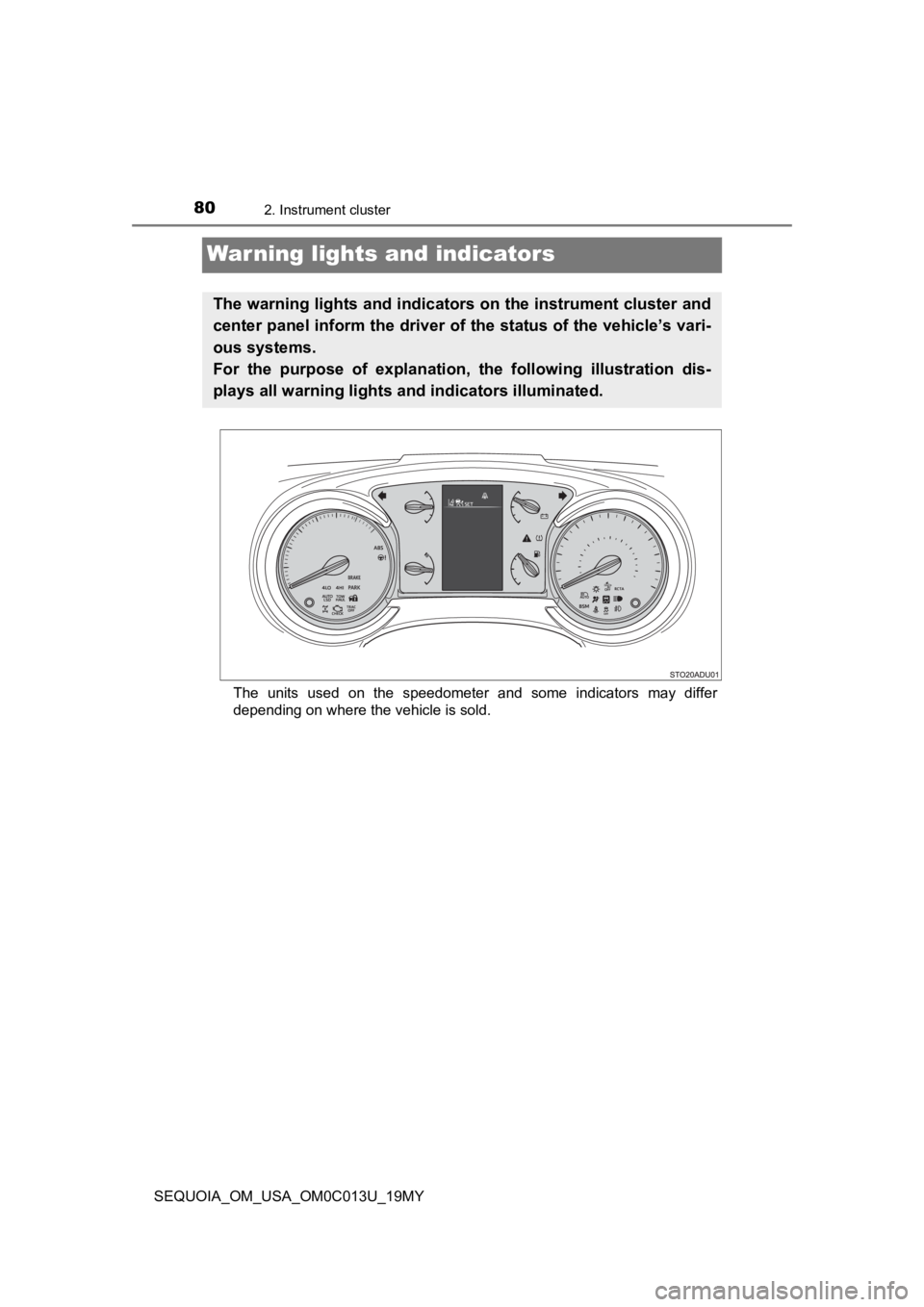 TOYOTA SEQUOIA 2019 (in English) Manual PDF 802. Instrument cluster
SEQUOIA_OM_USA_OM0C013U_19MY
Warning lights and indicators
The units used on the speedometer and some indicators may differ
depending on where the vehicle is sold.
Th TOYOTA SEQUOIA 2019 (in English) Manual PDF 802. Instrument cluster
SEQUOIA_OM_USA_OM0C013U_19MY
Warning lights and indicators
The units used on the speedometer and some indicators may differ
depending on where the vehicle is sold.
Th