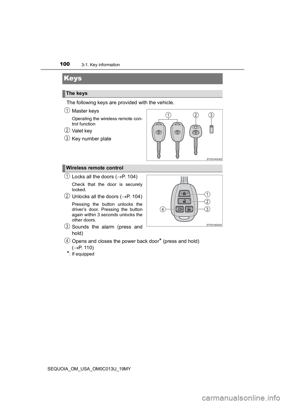 TOYOTA SEQUOIA 2019 Owners Manual (in English) 1003-1. Key information
SEQUOIA_OM_USA_OM0C013U_19MY
Keys
The following keys are provided with the vehicle.
Master keys
Operating the wireless remote con-
trol function
Valet key
Key number plate
Lock TOYOTA SEQUOIA 2019 Owners Manual (in English) 1003-1. Key information
SEQUOIA_OM_USA_OM0C013U_19MY
Keys
The following keys are provided with the vehicle.
Master keys
Operating the wireless remote con-
trol function
Valet key
Key number plate
Lock