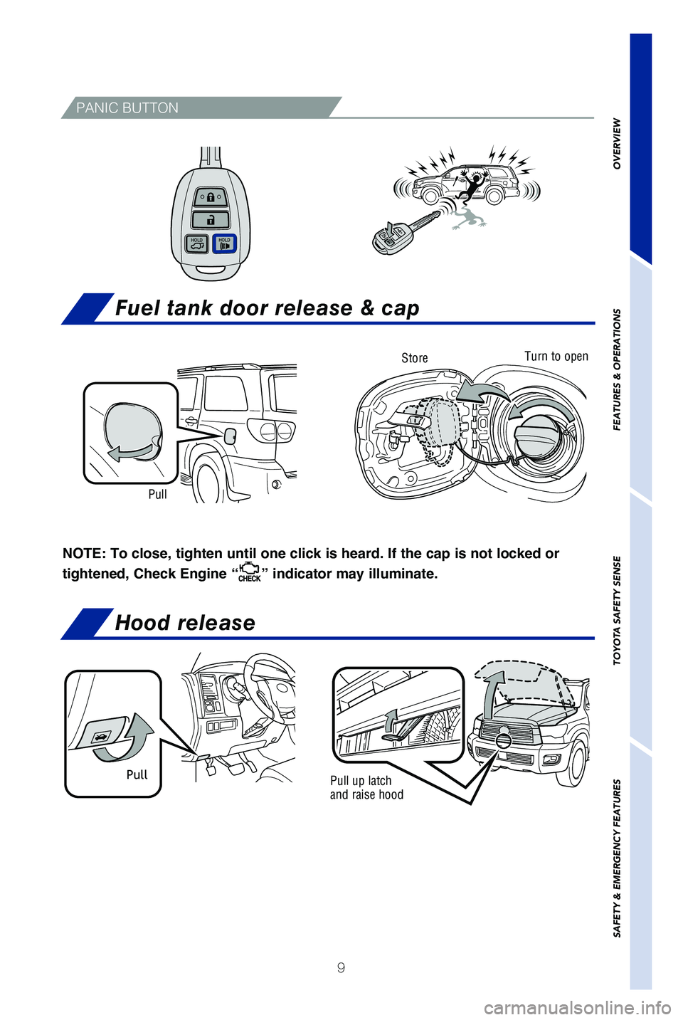 TOYOTA SEQUOIA 2019 (in English) User Guide 9
PANIC BUTTON
NOTE: To close, tighten until one click is heard. If the cap is not locked or
tightened, Check Engine “
” indicator may illuminate.
Fuel tank door release & cap
Turn to openStore
P TOYOTA SEQUOIA 2019 (in English) User Guide 9
PANIC BUTTON
NOTE: To close, tighten until one click is heard. If the cap is not locked or
tightened, Check Engine “
” indicator may illuminate.
Fuel tank door release & cap
Turn to openStore
P
