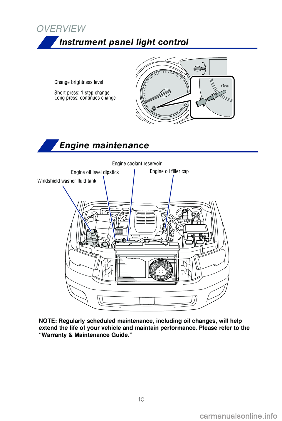 TOYOTA SEQUOIA 2019 (in English) User Guide 10
OVERVIEW
NOTE: Regularly scheduled maintenance, including
oil changes, will help
extend the life of your vehicle and maintain performance. Please refer to the
“Warranty & Maintenance Guide. TOYOTA SEQUOIA 2019 (in English) User Guide 10
OVERVIEW
NOTE: Regularly scheduled maintenance, including
oil changes, will help
extend the life of your vehicle and maintain performance. Please refer to the
“Warranty & Maintenance Guide.