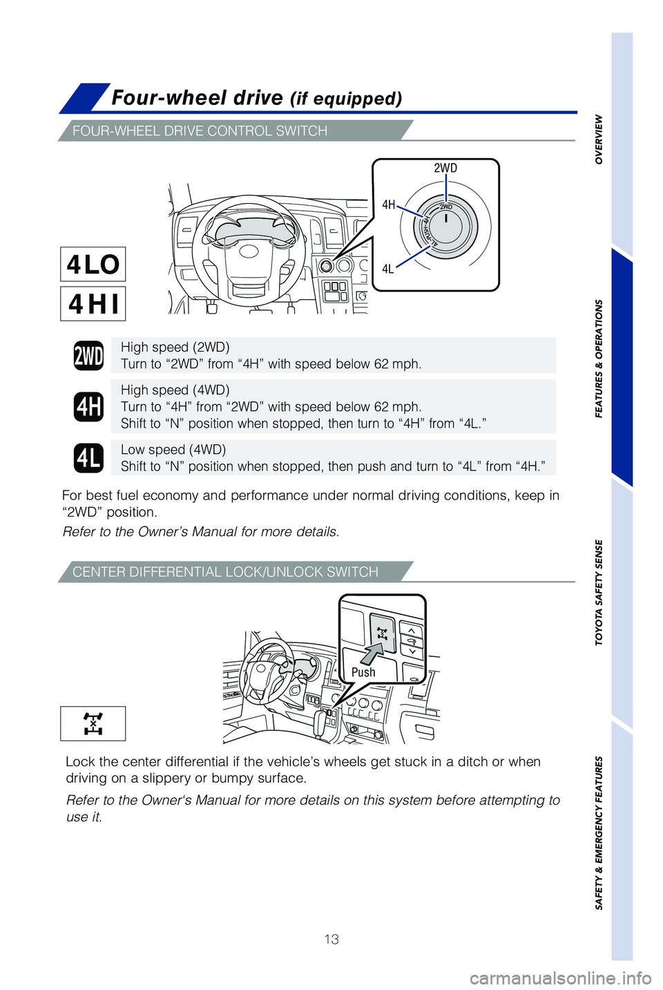 TOYOTA SEQUOIA 2019 (in English) User Guide 13
Four-wheel drive (if equipped)
FOUR-WHEEL DRIVE CONTROL SWITCH
CENTER DIFFERENTIAL LOCK/UNLOCK SWITCH
High speed (2WD)
Turn to “2WD” from “4H” with speed below 62 mph.
High speed (4WD)
Turn TOYOTA SEQUOIA 2019 (in English) User Guide 13
Four-wheel drive (if equipped)
FOUR-WHEEL DRIVE CONTROL SWITCH
CENTER DIFFERENTIAL LOCK/UNLOCK SWITCH
High speed (2WD)
Turn to “2WD” from “4H” with speed below 62 mph.
High speed (4WD)
Turn