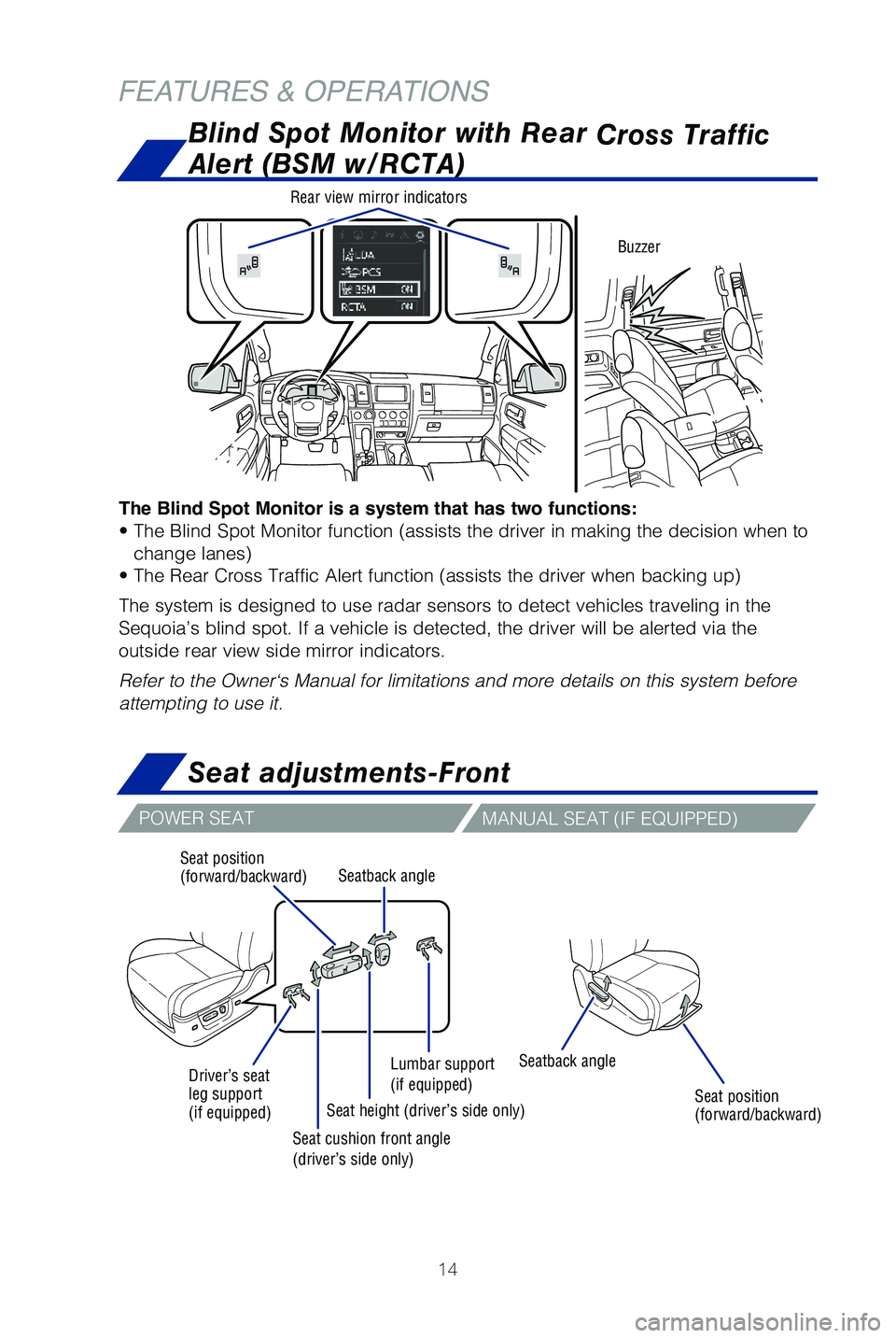 TOYOTA SEQUOIA 2019 (in English) User Guide 14
FEATURES & OPERATIONS
The Blind Spot Monitor is a system that has two functions:
• The Blind Spot Monitor function (assists the driver in making the \
decision when to change lanes)
• The Rear TOYOTA SEQUOIA 2019 (in English) User Guide 14
FEATURES & OPERATIONS
The Blind Spot Monitor is a system that has two functions:
• The Blind Spot Monitor function (assists the driver in making the \
decision when to change lanes)
• The Rear