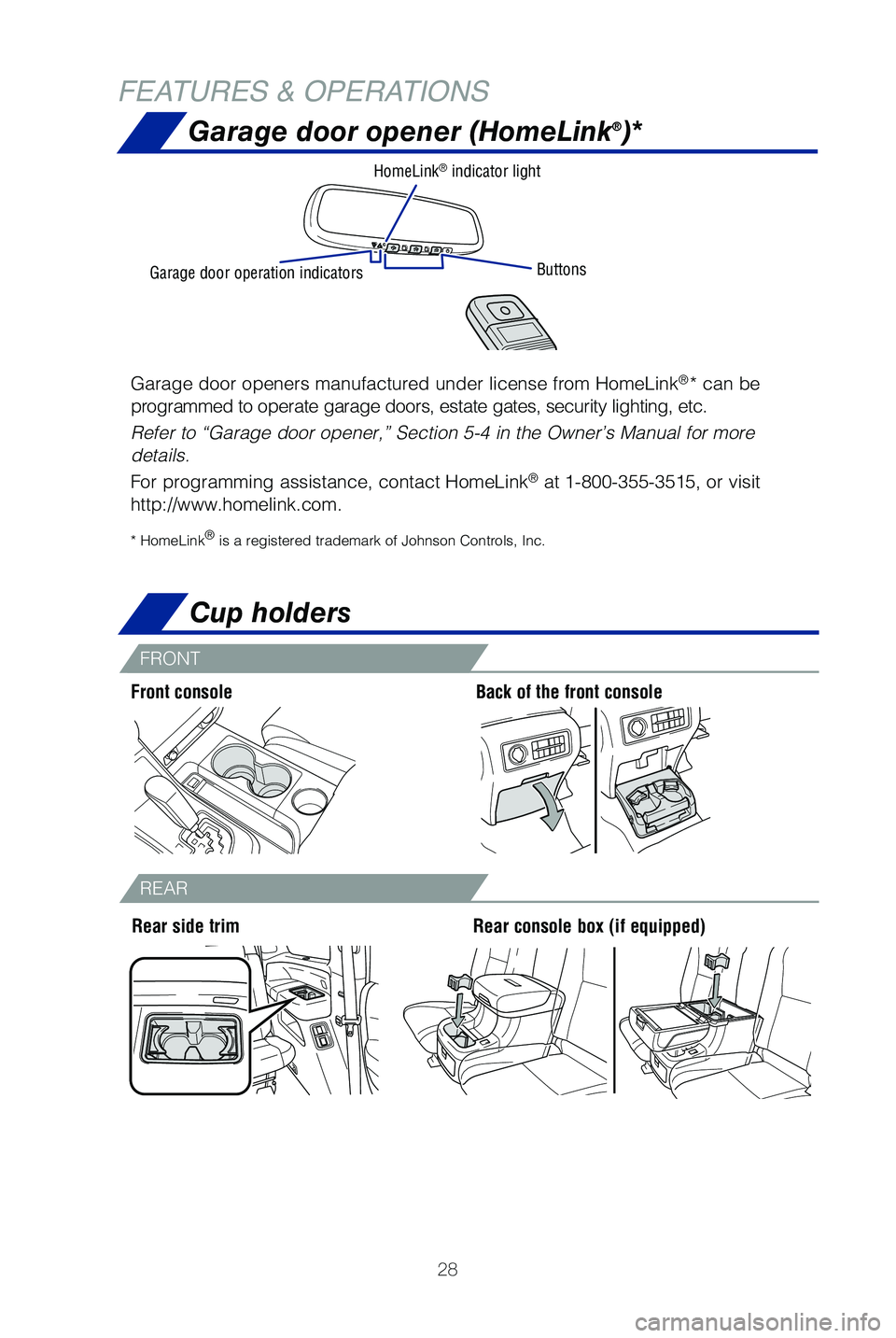 TOYOTA SEQUOIA 2019   (in English) Owners Manual 28
FEATURES & OPERATIONS
Garage door opener (HomeLink®)*
Garage door openers manufactured under license from HomeLink®* can be 
programmed to operate garage doors, estate gates, security lighting, e