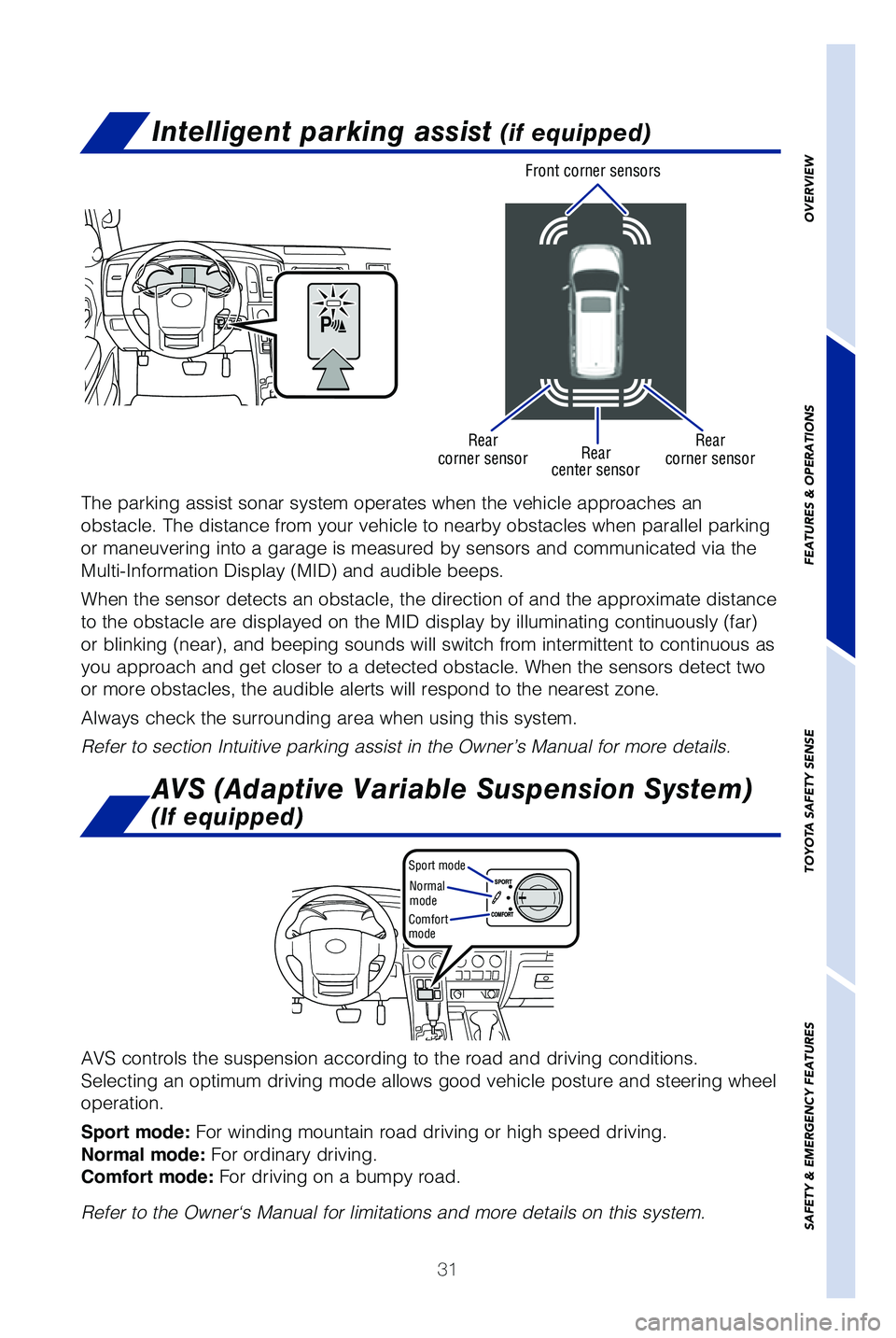 TOYOTA SEQUOIA 2019   (in English) Owners Guide 31
OVERVIEW
FEATURES & OPERATIONS
TOYOTA SAFETY SENSE
SAFETY & EMERGENCY FEATURES
Intelligent parking assist (if equipped)
The parking assist sonar system operates when the vehicle approaches an \
ob