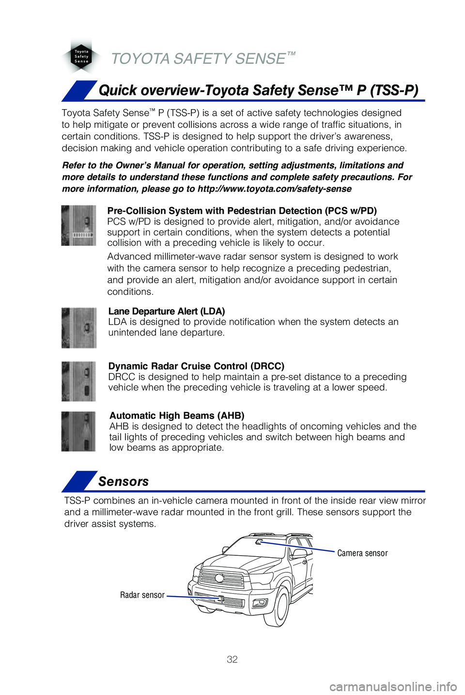 TOYOTA SEQUOIA 2019   (in English) Owners Guide 32
Quick overview-Toyota Safety Sense™ P (TSS-P)
Sensors
TSS-P combines an in-vehicle camera mounted in front of the inside rear \
view mirror 
and a millimeter-wave radar mounted in the front grill