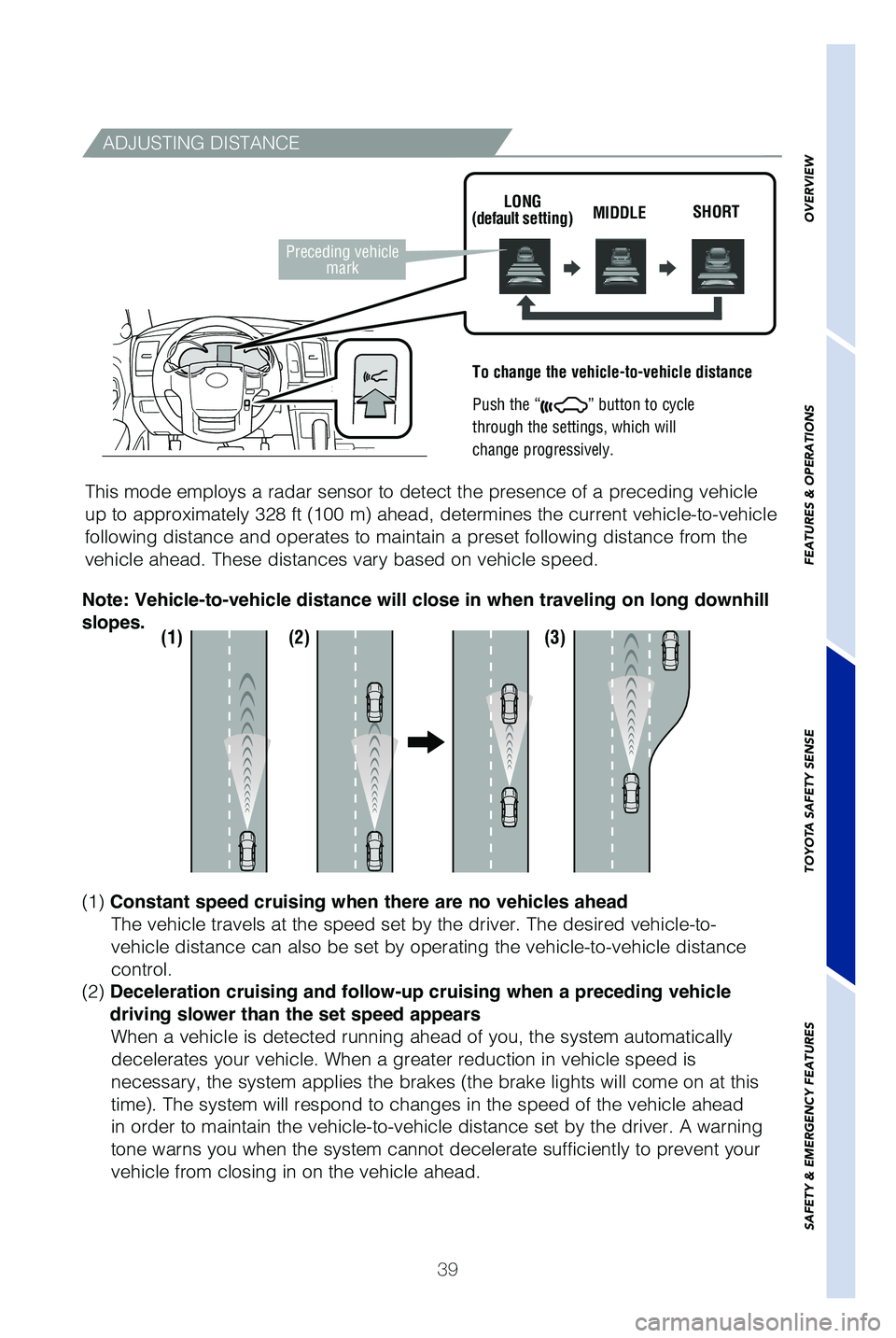 TOYOTA SEQUOIA 2019 (in English) Service Manual 39
OVERVIEW
FEATURES & OPERATIONS
TOYOTA SAFETY SENSE
SAFETY & EMERGENCY FEATURES
ADJUSTING DISTANCE
To change the vehicle-to-vehicle distance
Push the “
” button to cycle
through the settings, TOYOTA SEQUOIA 2019 (in English) Service Manual 39
OVERVIEW
FEATURES & OPERATIONS
TOYOTA SAFETY SENSE
SAFETY & EMERGENCY FEATURES
ADJUSTING DISTANCE
To change the vehicle-to-vehicle distance
Push the “
” button to cycle
through the settings,