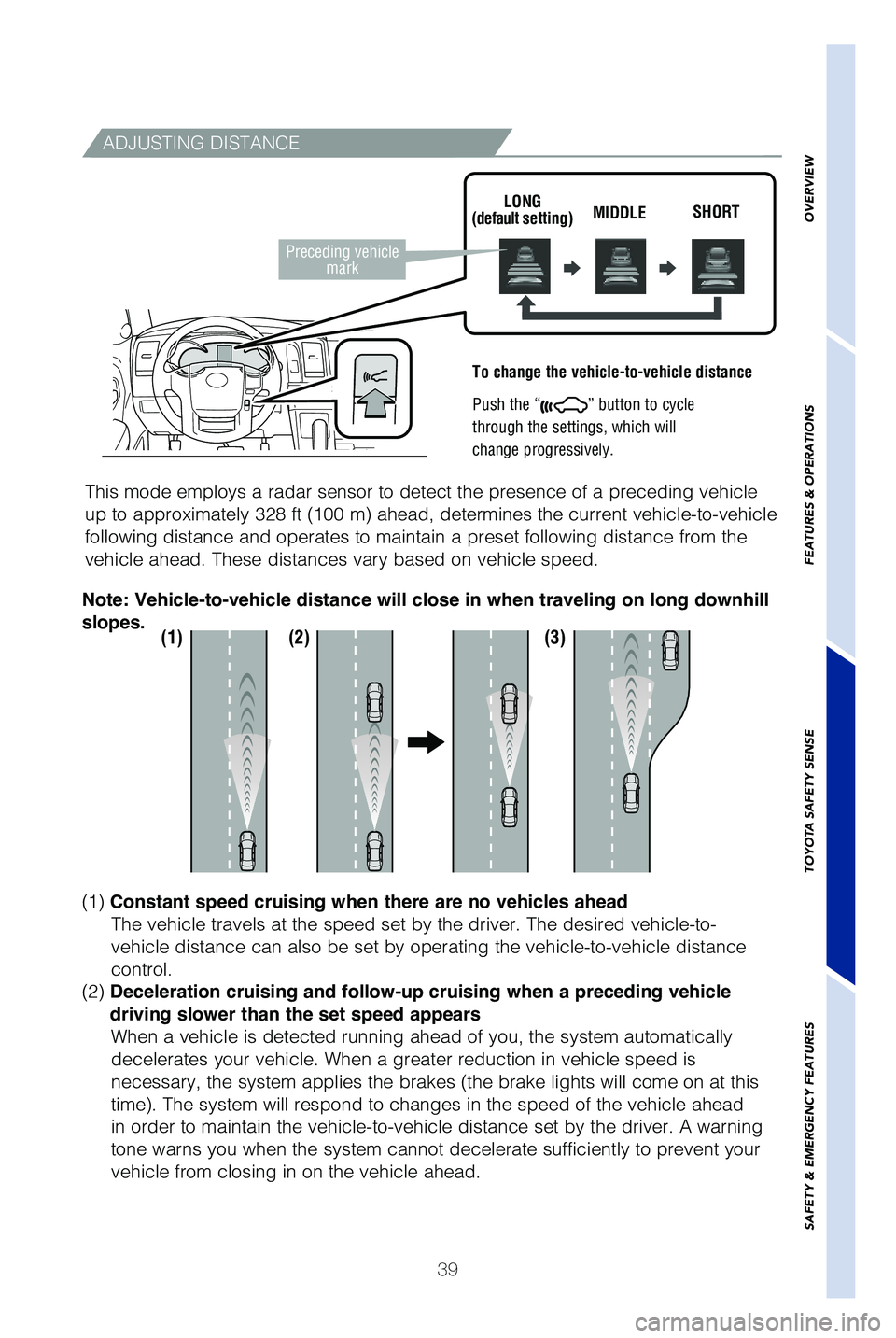 TOYOTA SEQUOIA 2019   (in English) Service Manual 39
OVERVIEW
FEATURES & OPERATIONS
TOYOTA SAFETY SENSE
SAFETY & EMERGENCY FEATURES
ADJUSTING DISTANCE
To change the vehicle-to-vehicle distance
 
Push the “
” button to cycle
through the settings, 