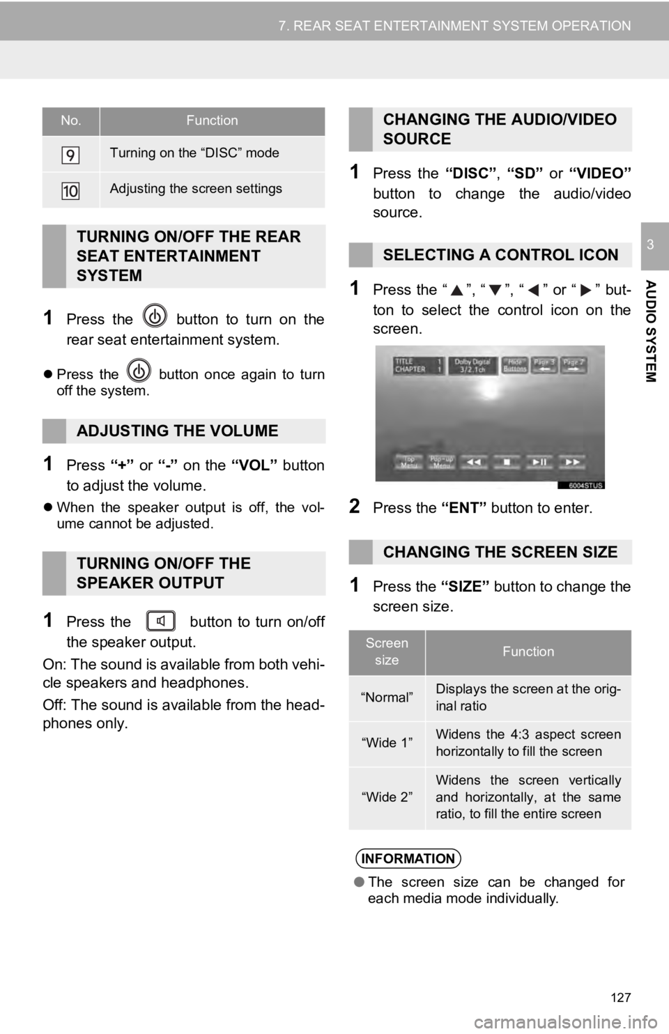 TOYOTA SEQUOIA 2019 Accessories, Audio & Navigation (in English) 127
7. REAR SEAT ENTERTAINMENT SYSTEM OPERATION
AUDIO SYSTEM
3
1Press the button to turn on the
rear seat entertainment system.
Press the button once again to turn
off the system.
1 TOYOTA SEQUOIA 2019 Accessories, Audio & Navigation (in English) 127
7. REAR SEAT ENTERTAINMENT SYSTEM OPERATION
AUDIO SYSTEM
3
1Press the button to turn on the
rear seat entertainment system.
Press the button once again to turn
off the system.
1