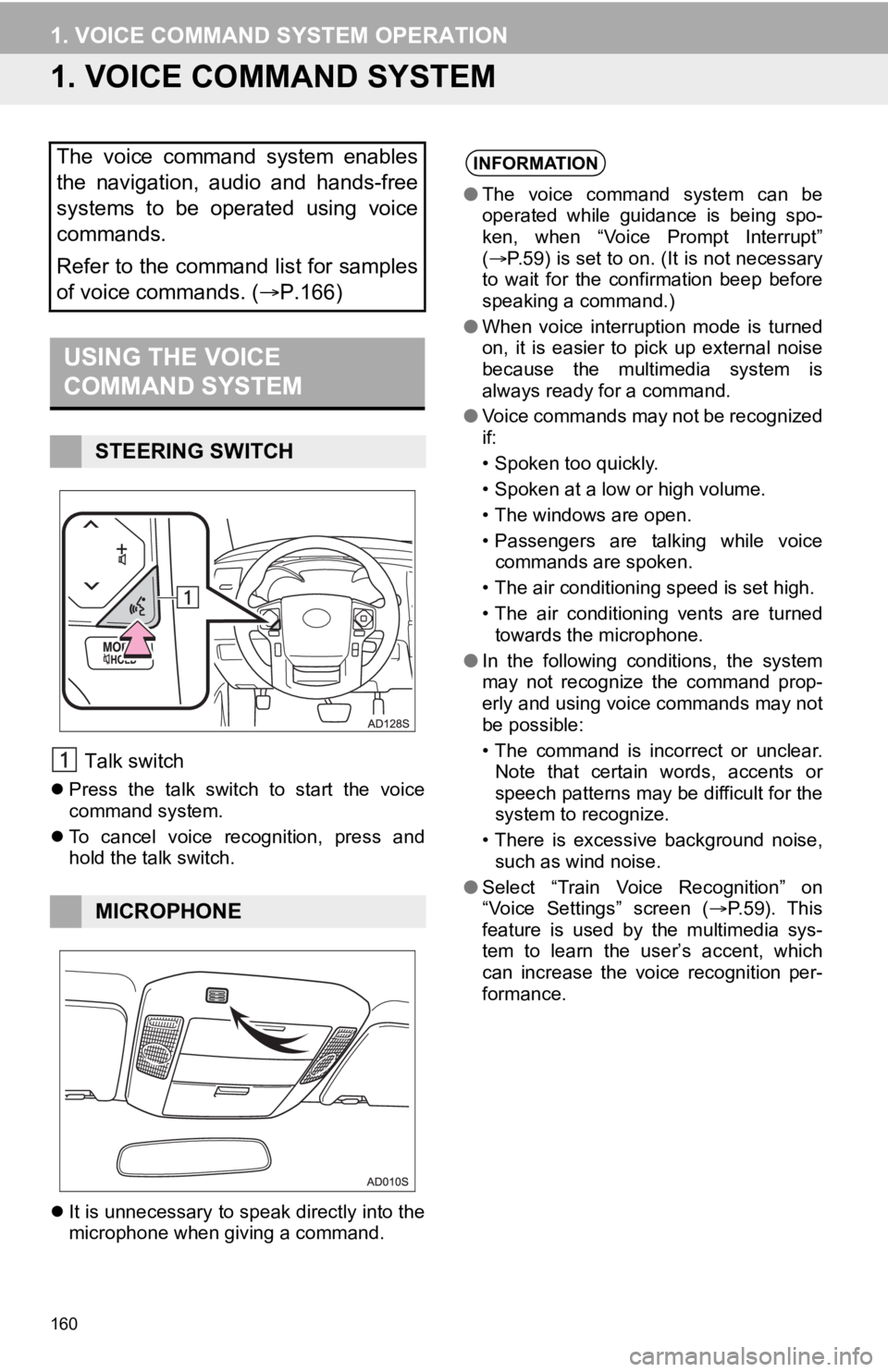 TOYOTA SEQUOIA 2019 Accessories, Audio & Navigation (in English) 160
1. VOICE COMMAND SYSTEM OPERATION
1. VOICE COMMAND SYSTEM
Talk switch
Press the talk switch to start the voice
command system.
To cancel voice recognition, press and
hold the t TOYOTA SEQUOIA 2019 Accessories, Audio & Navigation (in English) 160
1. VOICE COMMAND SYSTEM OPERATION
1. VOICE COMMAND SYSTEM
Talk switch
Press the talk switch to start the voice
command system.
To cancel voice recognition, press and
hold the t