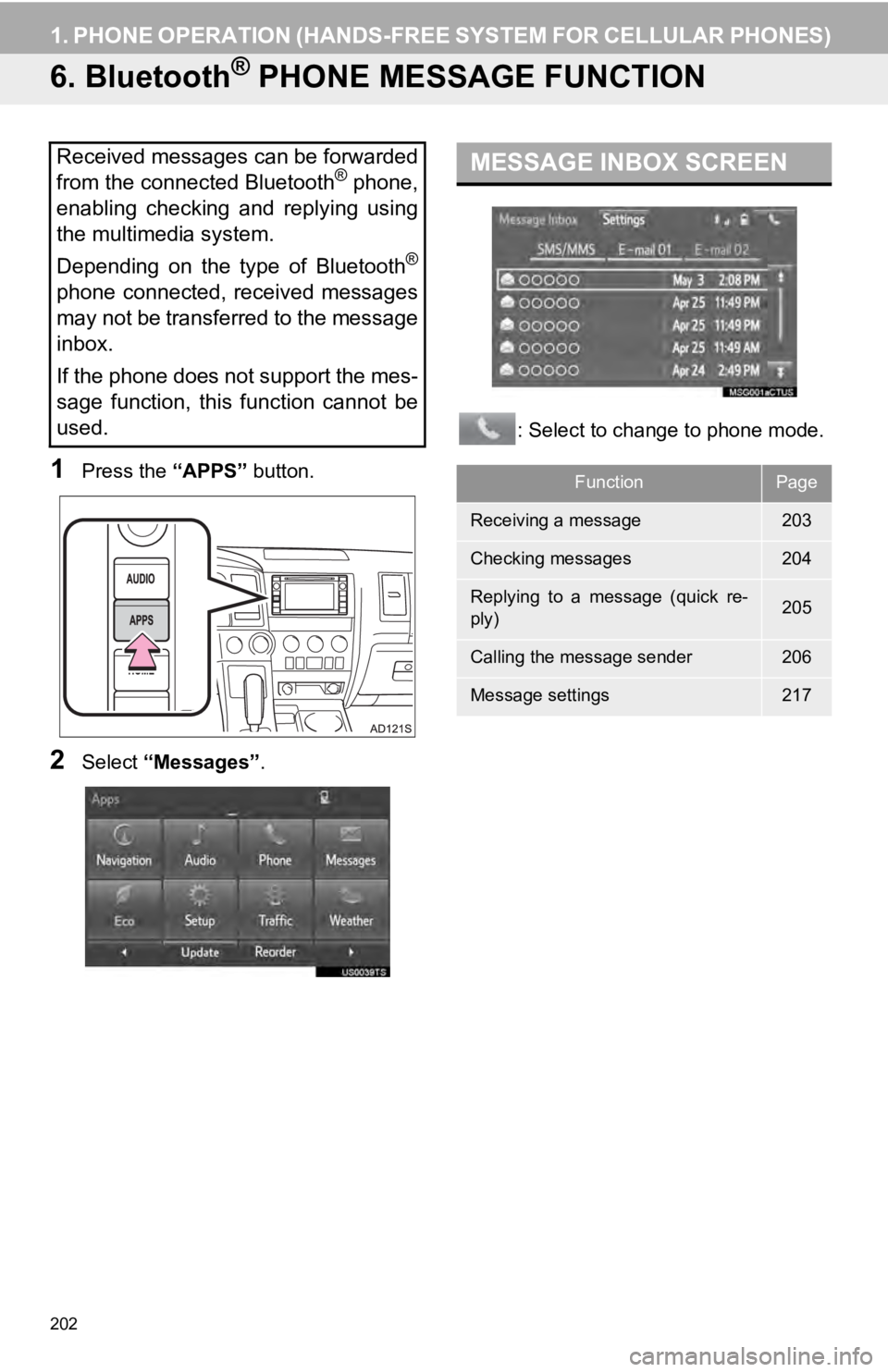 TOYOTA SEQUOIA 2019 Accessories, Audio & Navigation (in English) 202
1. PHONE OPERATION (HANDS-FREE SYSTEM FOR CELLULAR PHONES)
6. Bluetooth® PHONE MESSAGE FUNCTION
1Press the “APPS” button.
2Select “Messages” . : Select to change to phone mode.
Received m TOYOTA SEQUOIA 2019 Accessories, Audio & Navigation (in English) 202
1. PHONE OPERATION (HANDS-FREE SYSTEM FOR CELLULAR PHONES)
6. Bluetooth® PHONE MESSAGE FUNCTION
1Press the “APPS” button.
2Select “Messages” . : Select to change to phone mode.
Received m