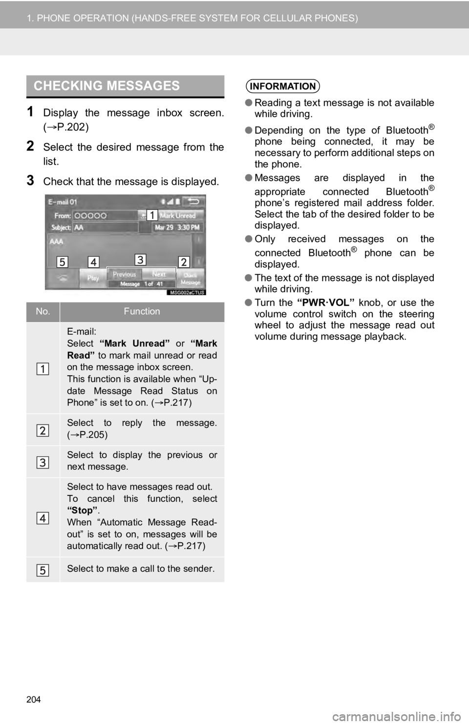 TOYOTA SEQUOIA 2019 Accessories, Audio & Navigation (in English) 204
1. PHONE OPERATION (HANDS-FREE SYSTEM FOR CELLULAR PHONES)
1Display the message inbox screen.
(P.202)
2Select the desired message from the
list.
3Check that the message is displayed.
C TOYOTA SEQUOIA 2019 Accessories, Audio & Navigation (in English) 204
1. PHONE OPERATION (HANDS-FREE SYSTEM FOR CELLULAR PHONES)
1Display the message inbox screen.
(P.202)
2Select the desired message from the
list.
3Check that the message is displayed.
C