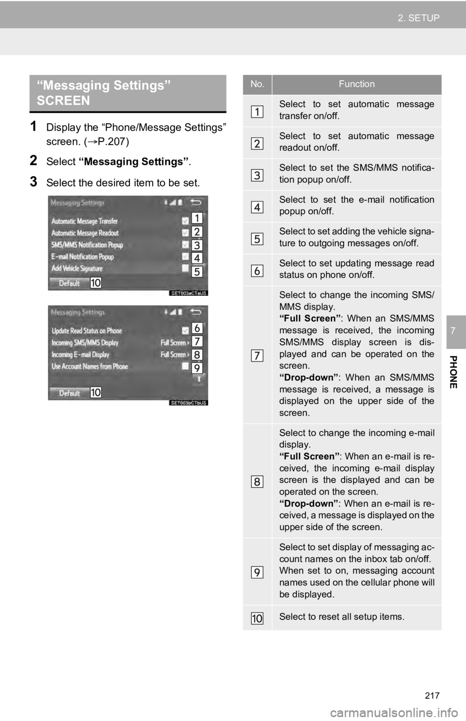 TOYOTA SEQUOIA 2019 Accessories, Audio & Navigation (in English) 217
2. SETUP
PHONE
7
1Display the “Phone/Message Settings”
screen. (P.207)
2Select “Messaging Settings” .
3Select the desired item to be set.
“Messaging Settings”
SCREEN No.Function
Se TOYOTA SEQUOIA 2019 Accessories, Audio & Navigation (in English) 217
2. SETUP
PHONE
7
1Display the “Phone/Message Settings”
screen. (P.207)
2Select “Messaging Settings” .
3Select the desired item to be set.
“Messaging Settings”
SCREEN No.Function
Se